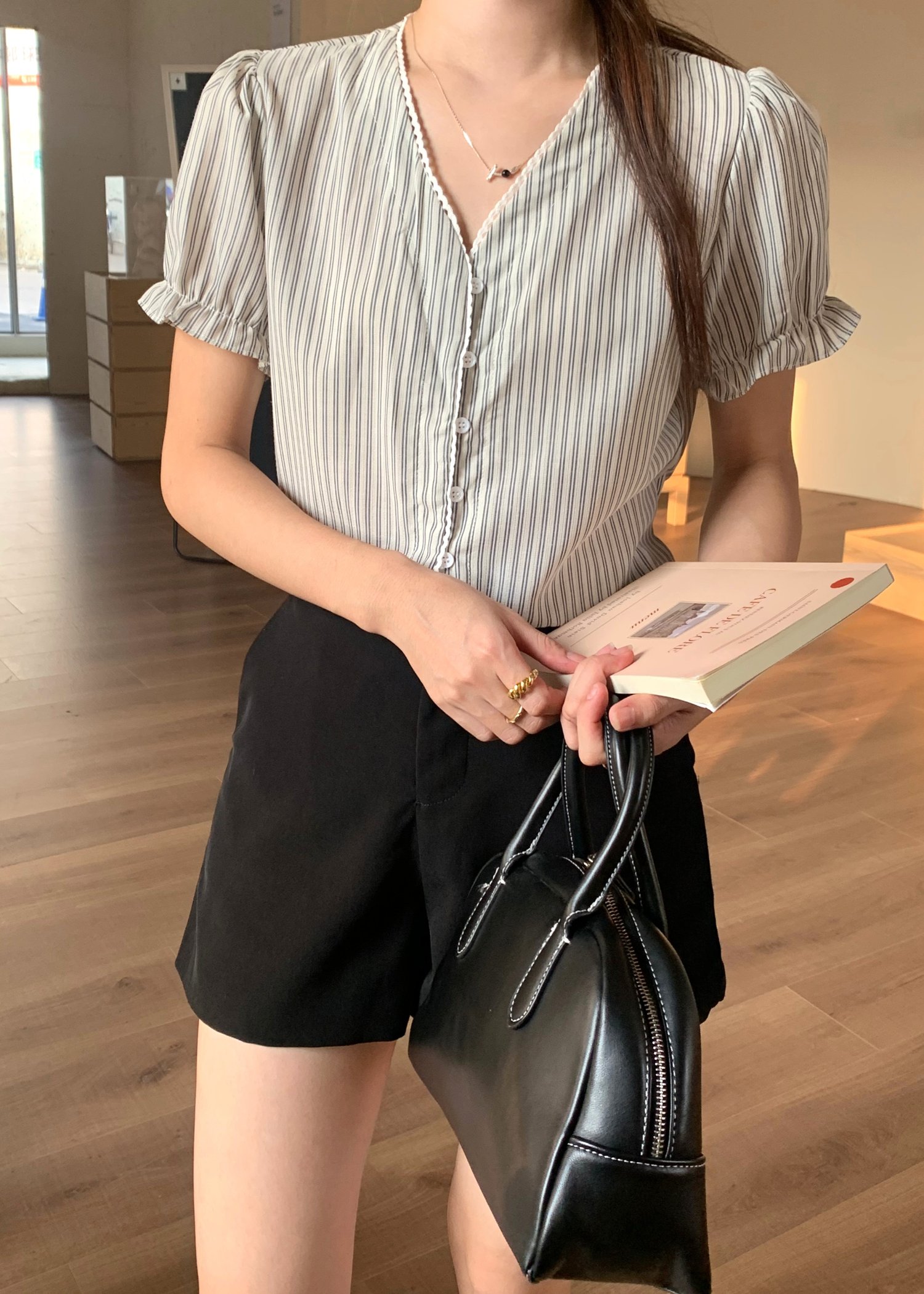 Claudia Striped Lace Blouse in Black