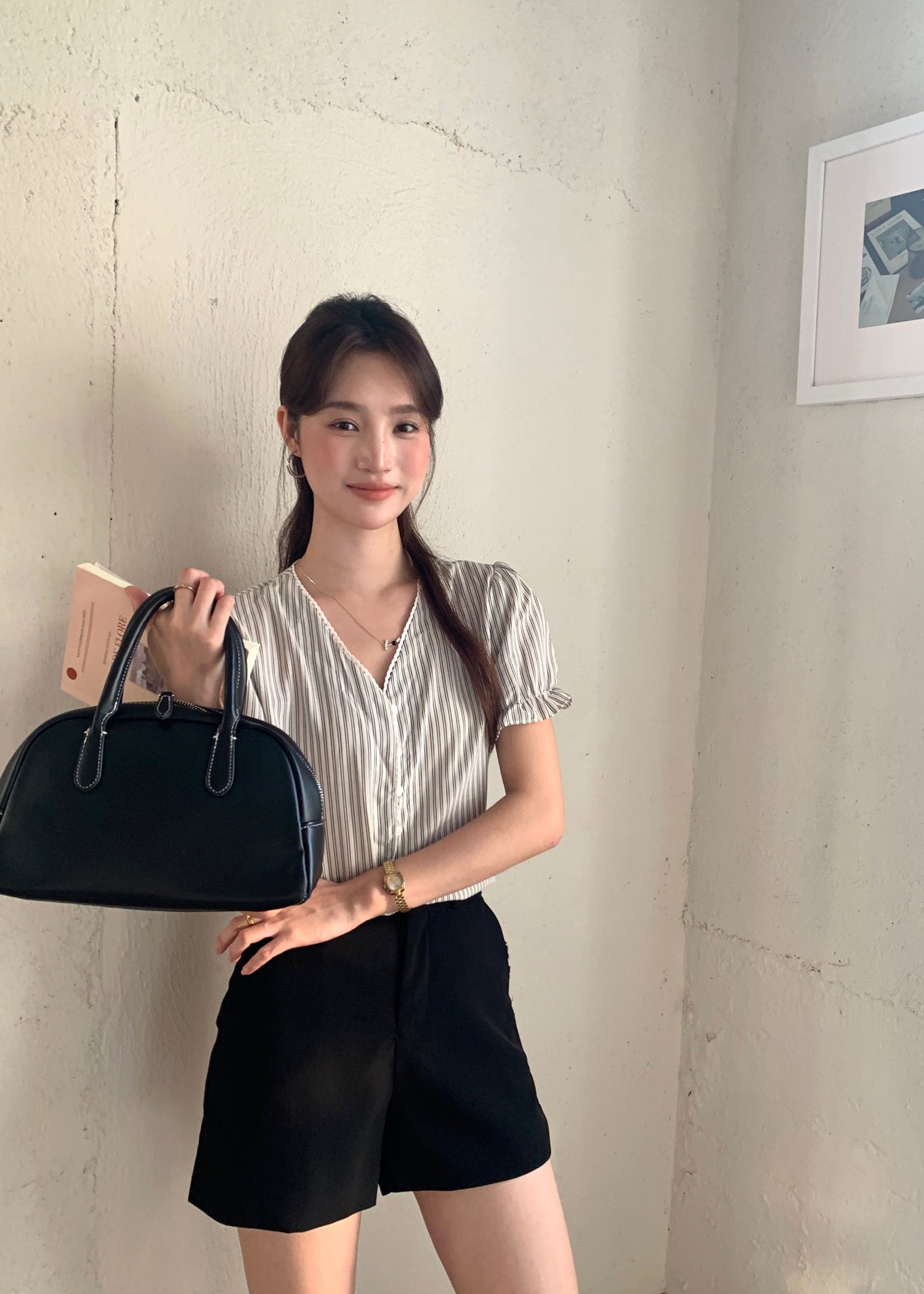 Claudia Striped Lace Blouse in Black
