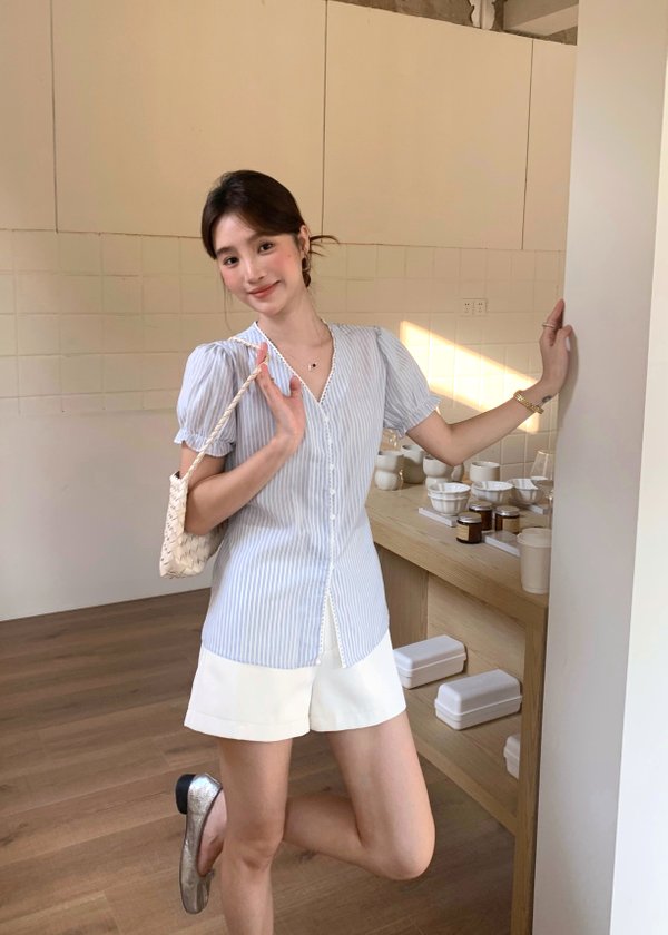 Claudia Striped Lace Blouse in Blue
