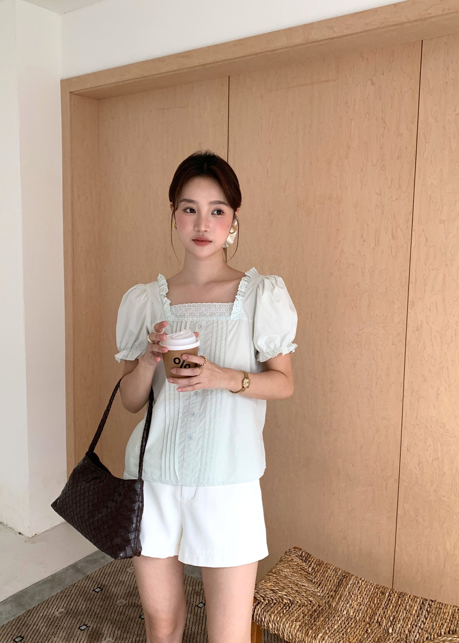 Hannah Garden Lacey Top in Milk Green
