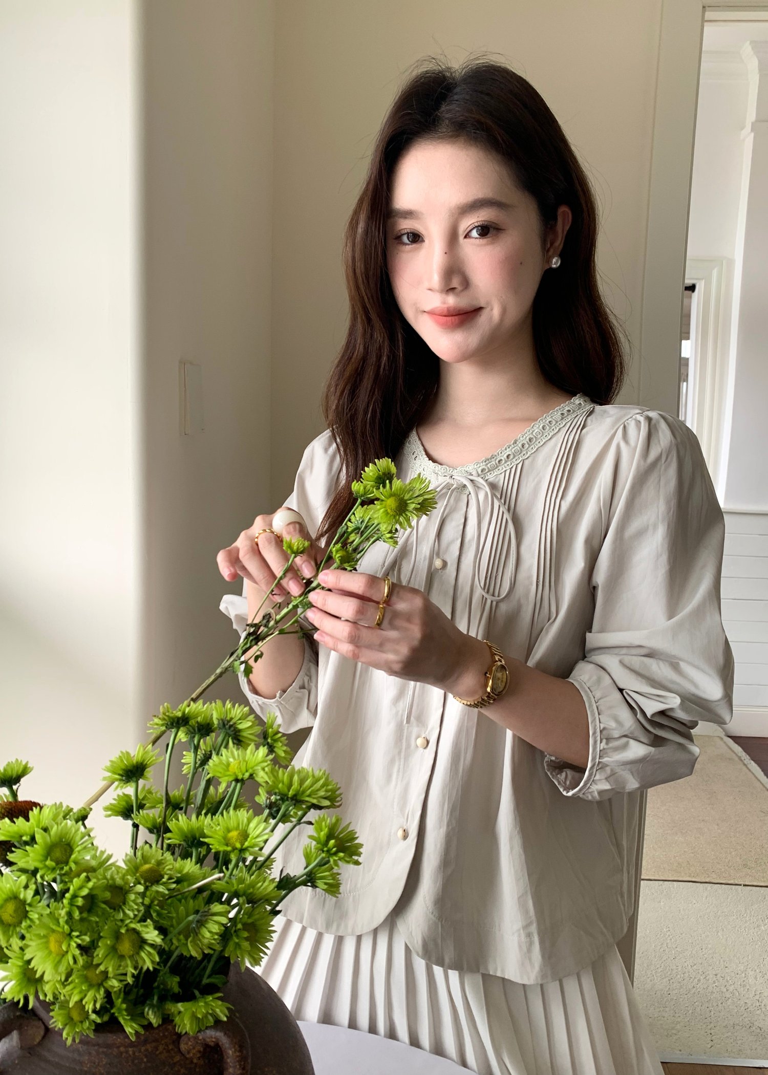 Mia Ribbon Blouse in Filmy Green