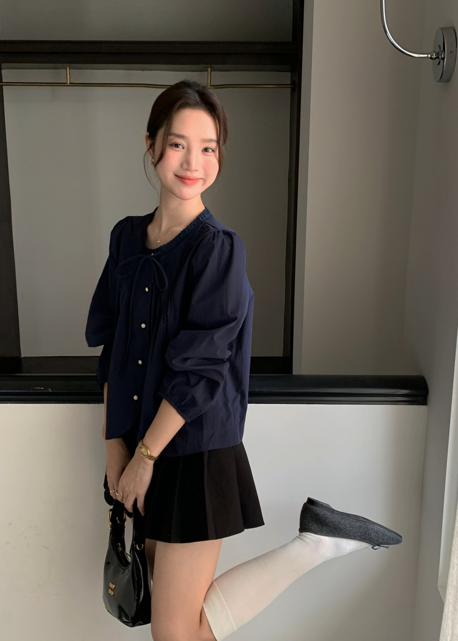 Mia Ribbon Blouse in Navy Blue