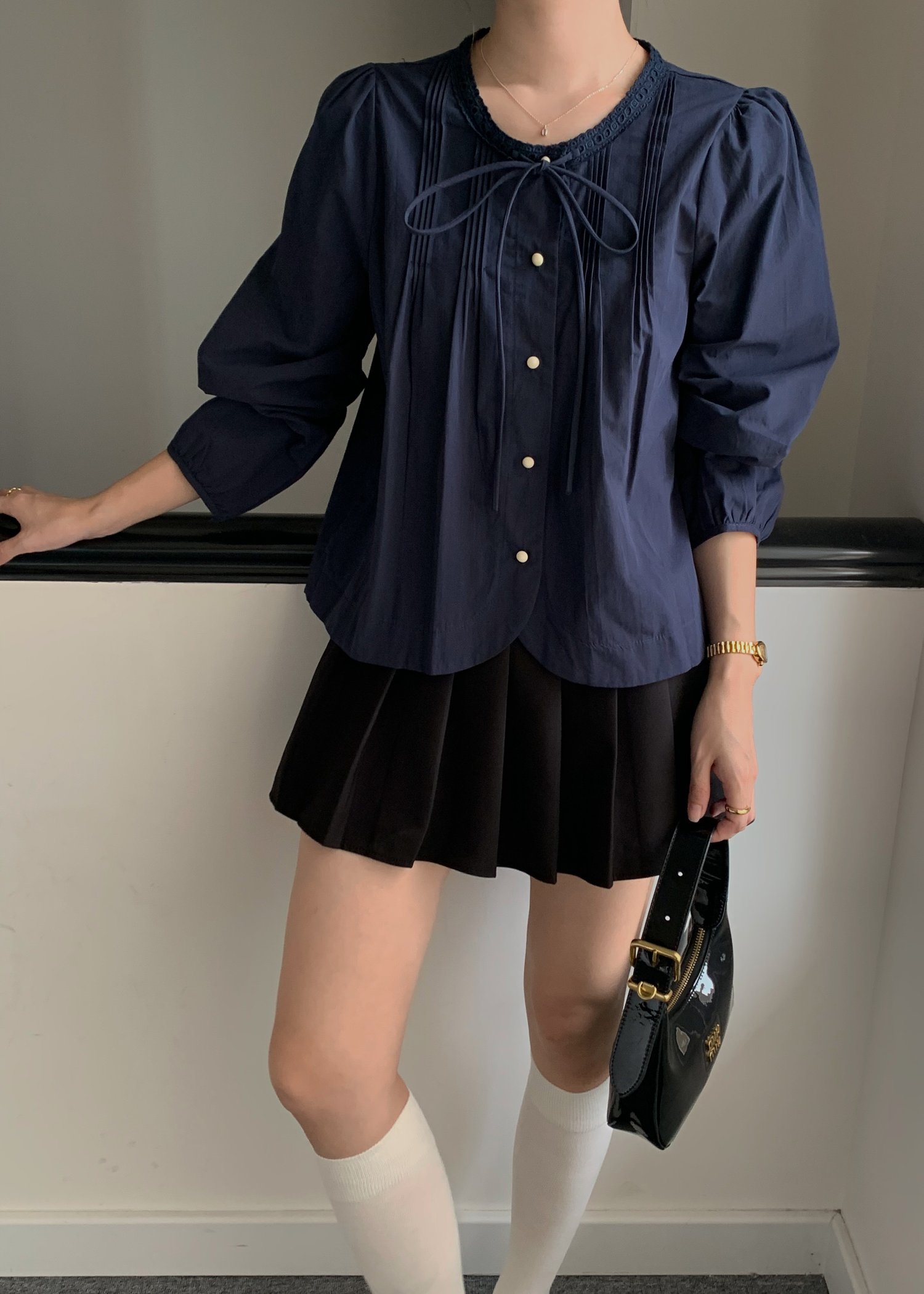 Mia Ribbon Blouse in Navy Blue