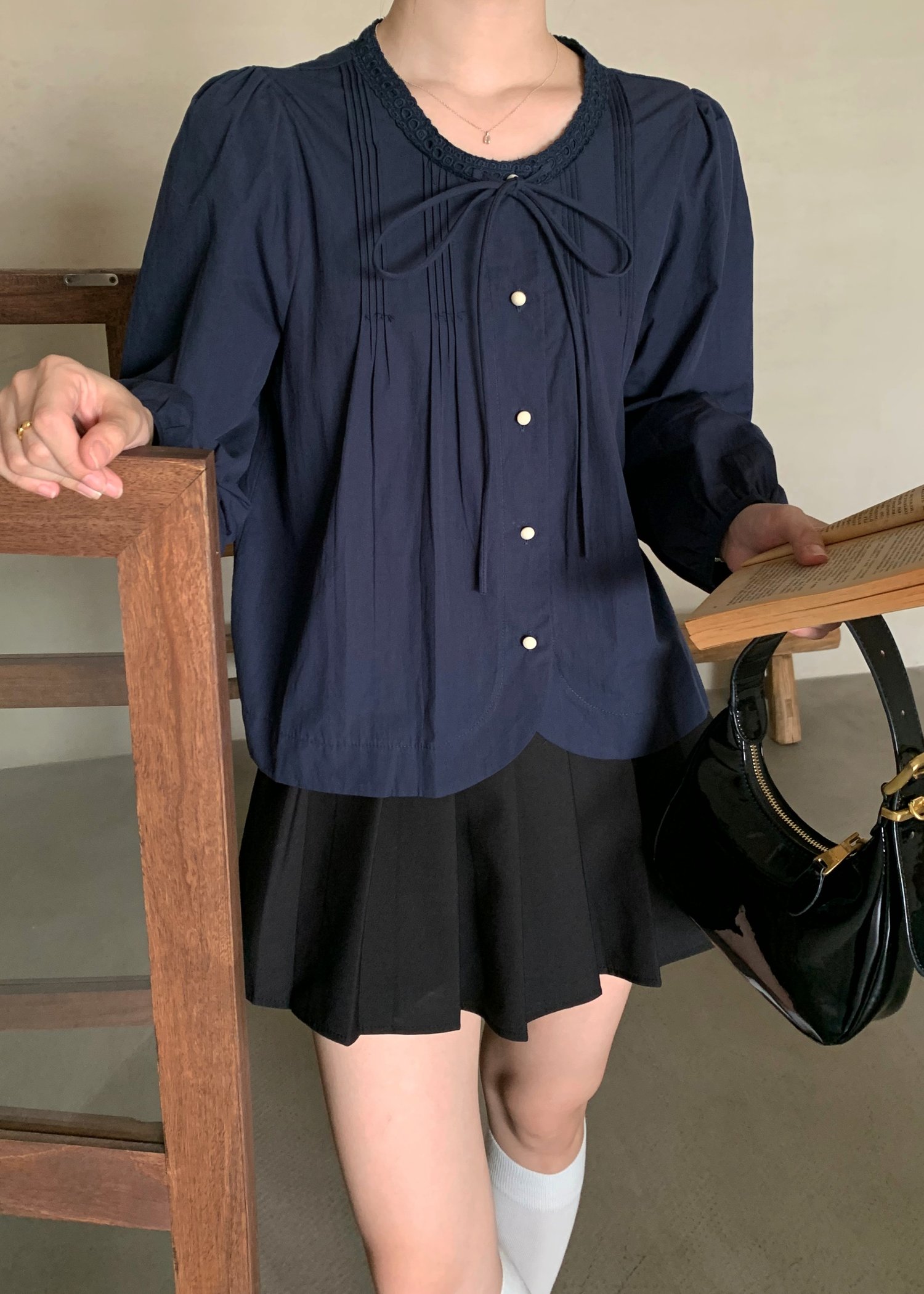 Mia Ribbon Blouse in Navy Blue