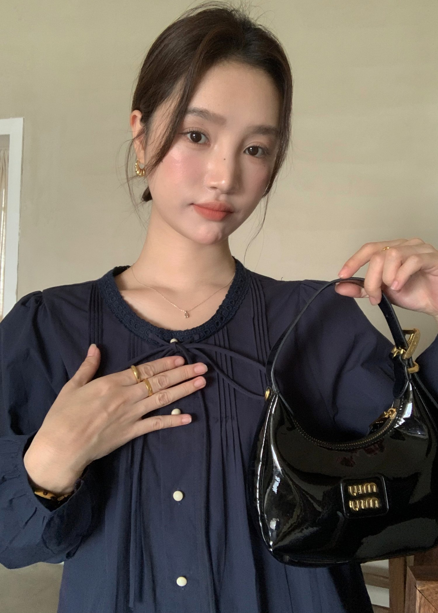 Mia Ribbon Blouse in Navy Blue