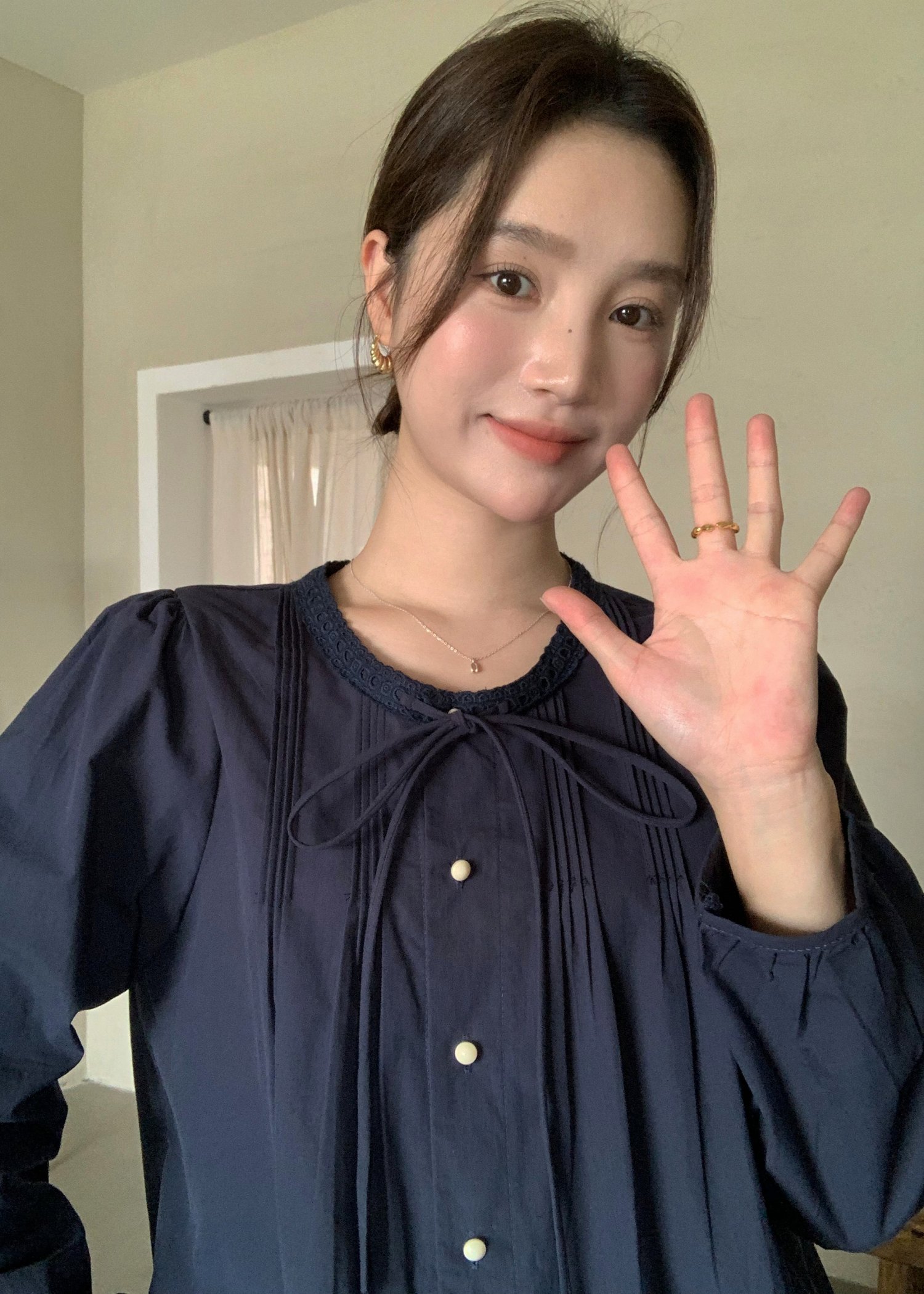 Mia Ribbon Blouse in Navy Blue