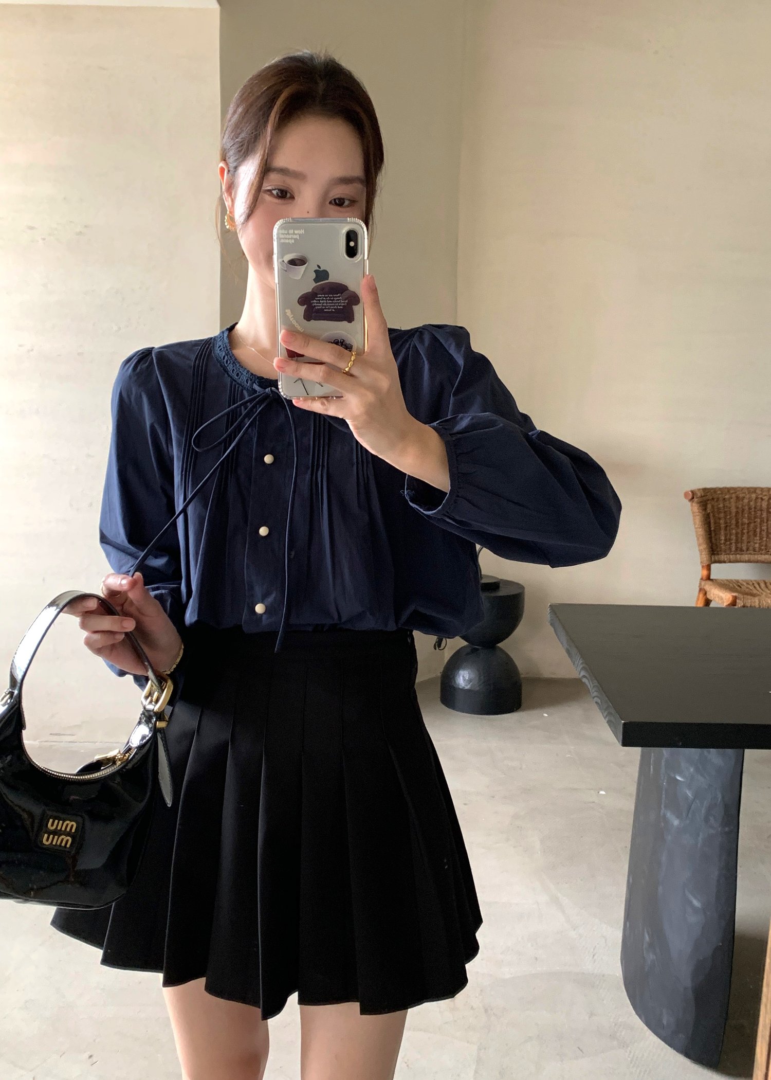 Mia Ribbon Blouse in Navy Blue
