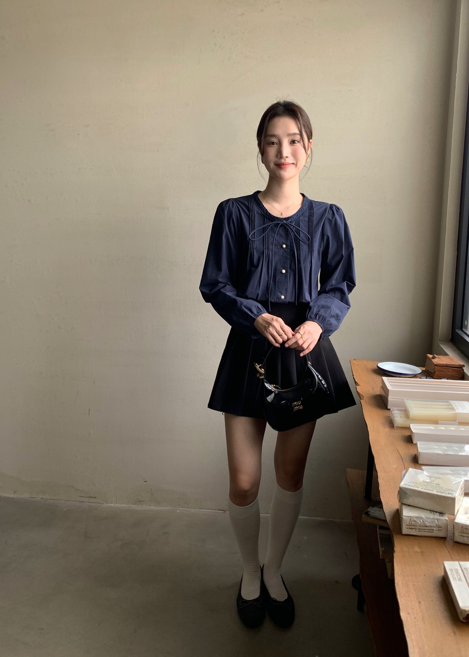 Mia Ribbon Blouse in Navy Blue