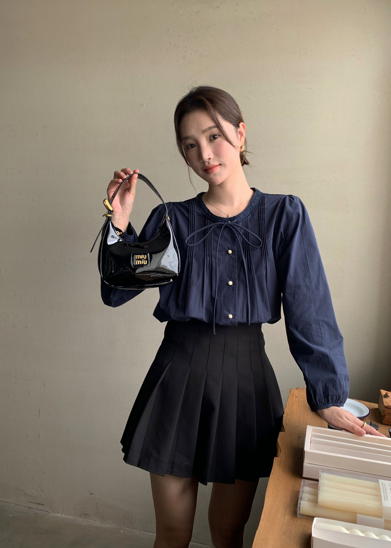 Mia Ribbon Blouse in Navy Blue