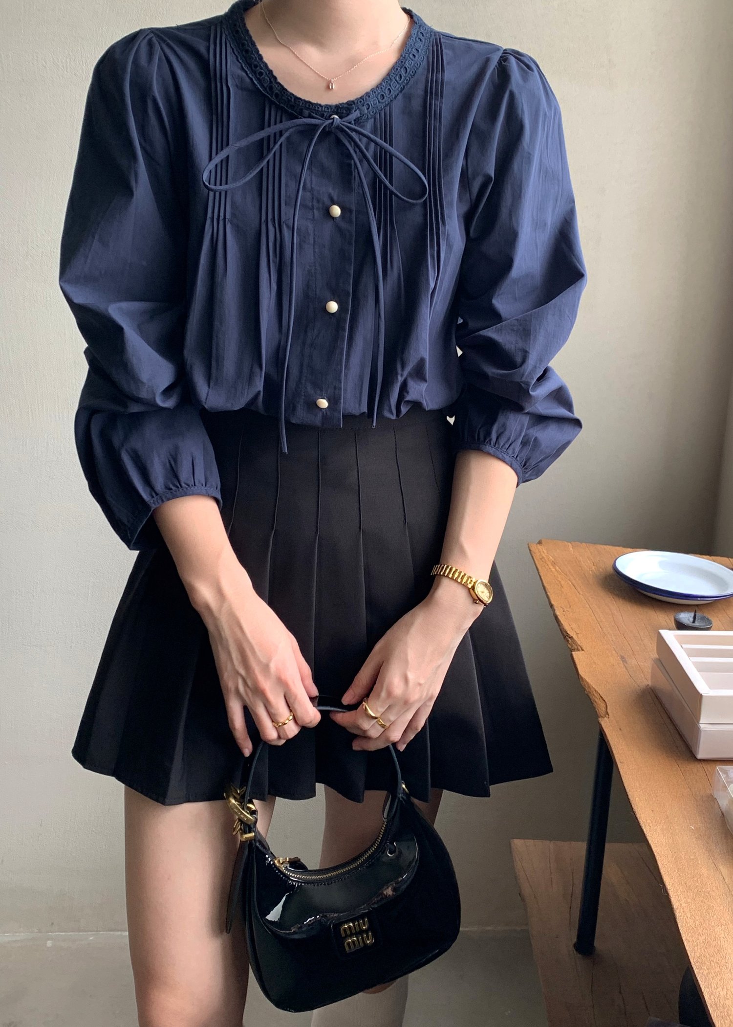 Mia Ribbon Blouse in Navy Blue