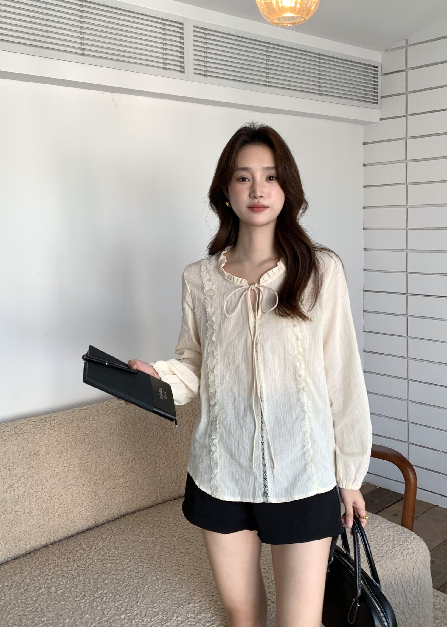 Nessa Lacey Ribbon Blouse in Cream