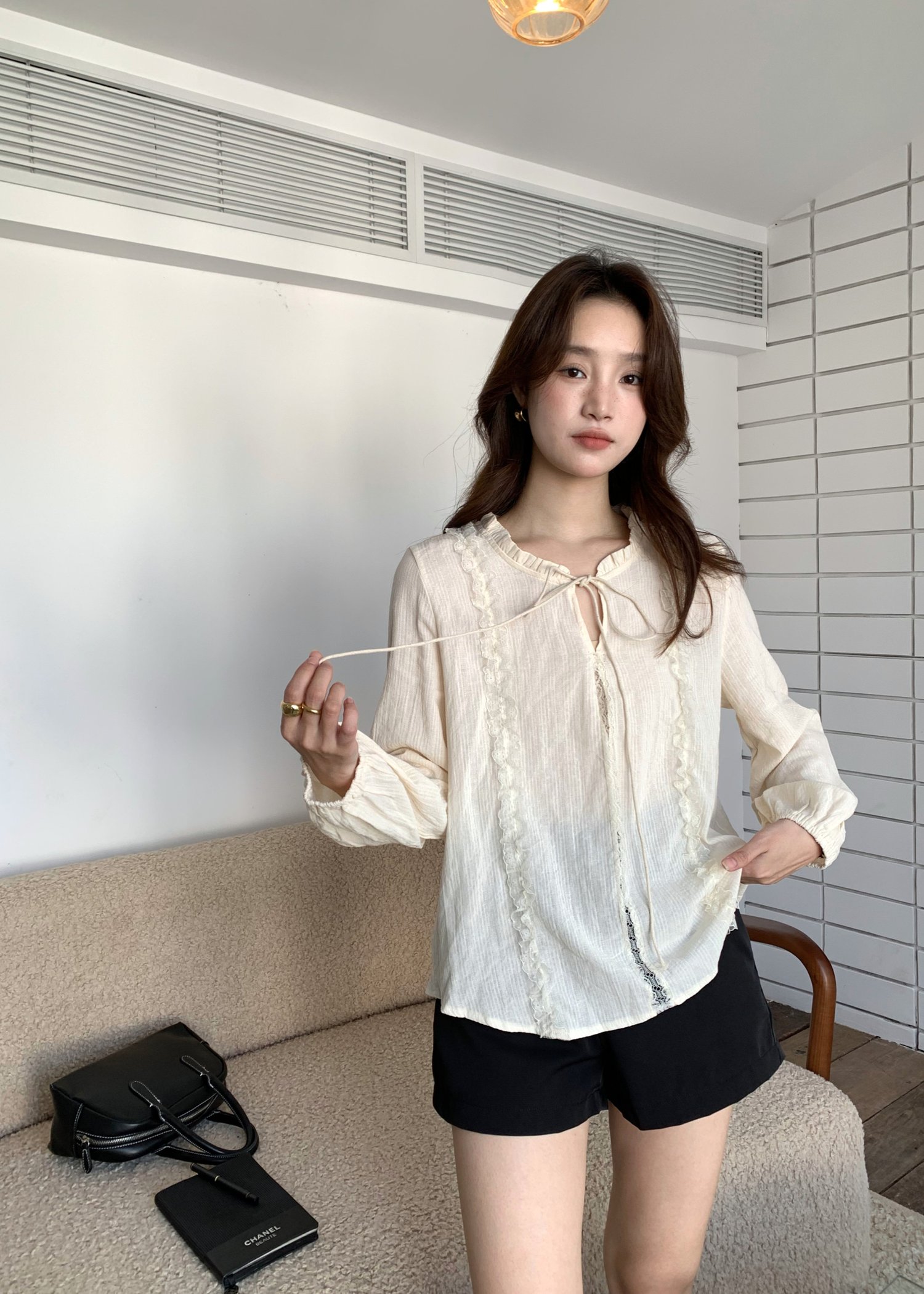 Nessa Lacey Ribbon Blouse in Cream
