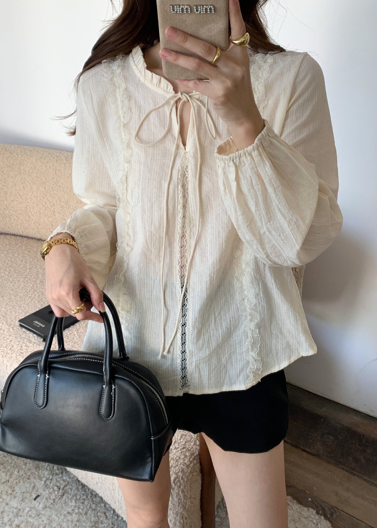 Nessa Lacey Ribbon Blouse in Cream