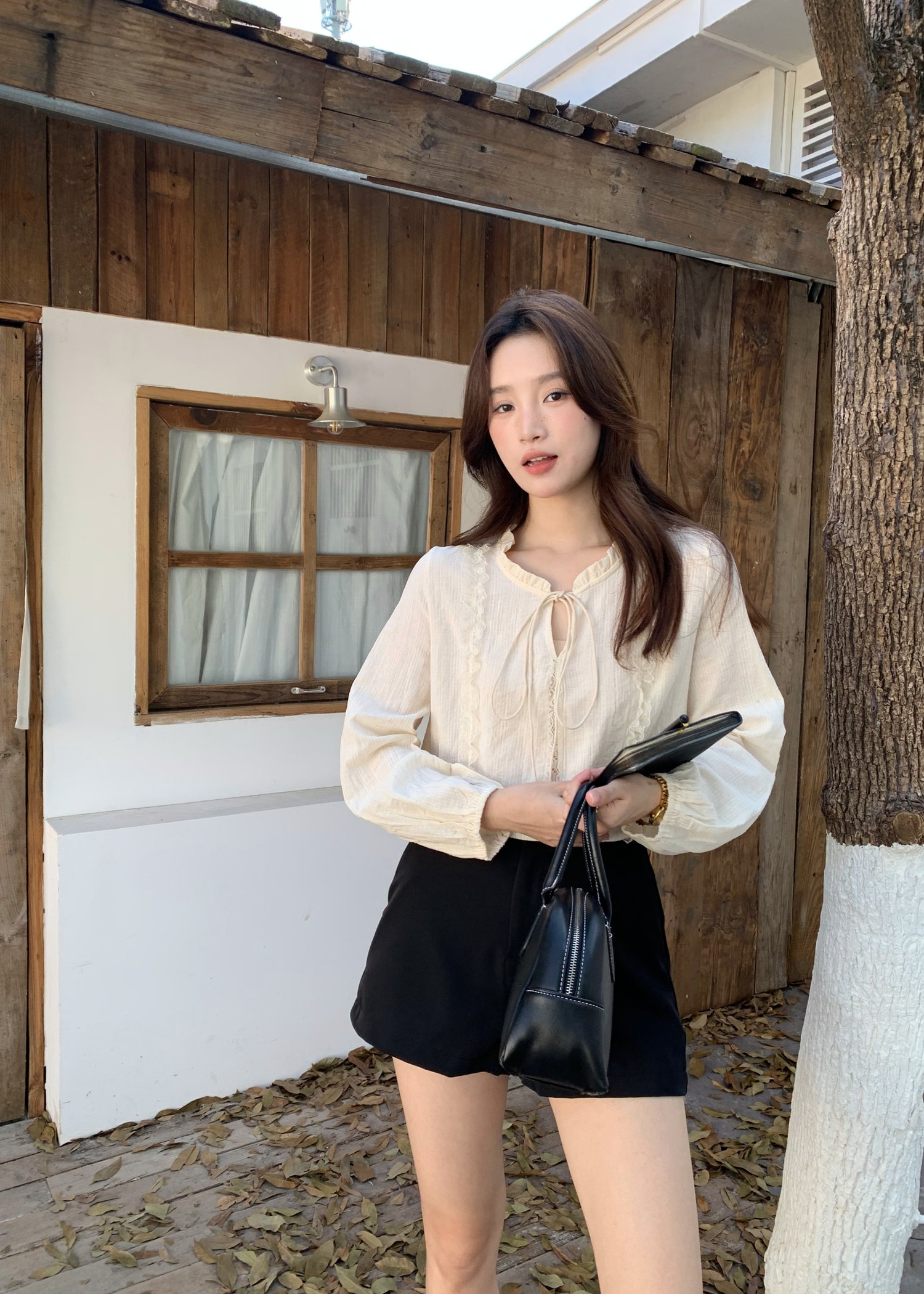 Nessa Lacey Ribbon Blouse in Cream