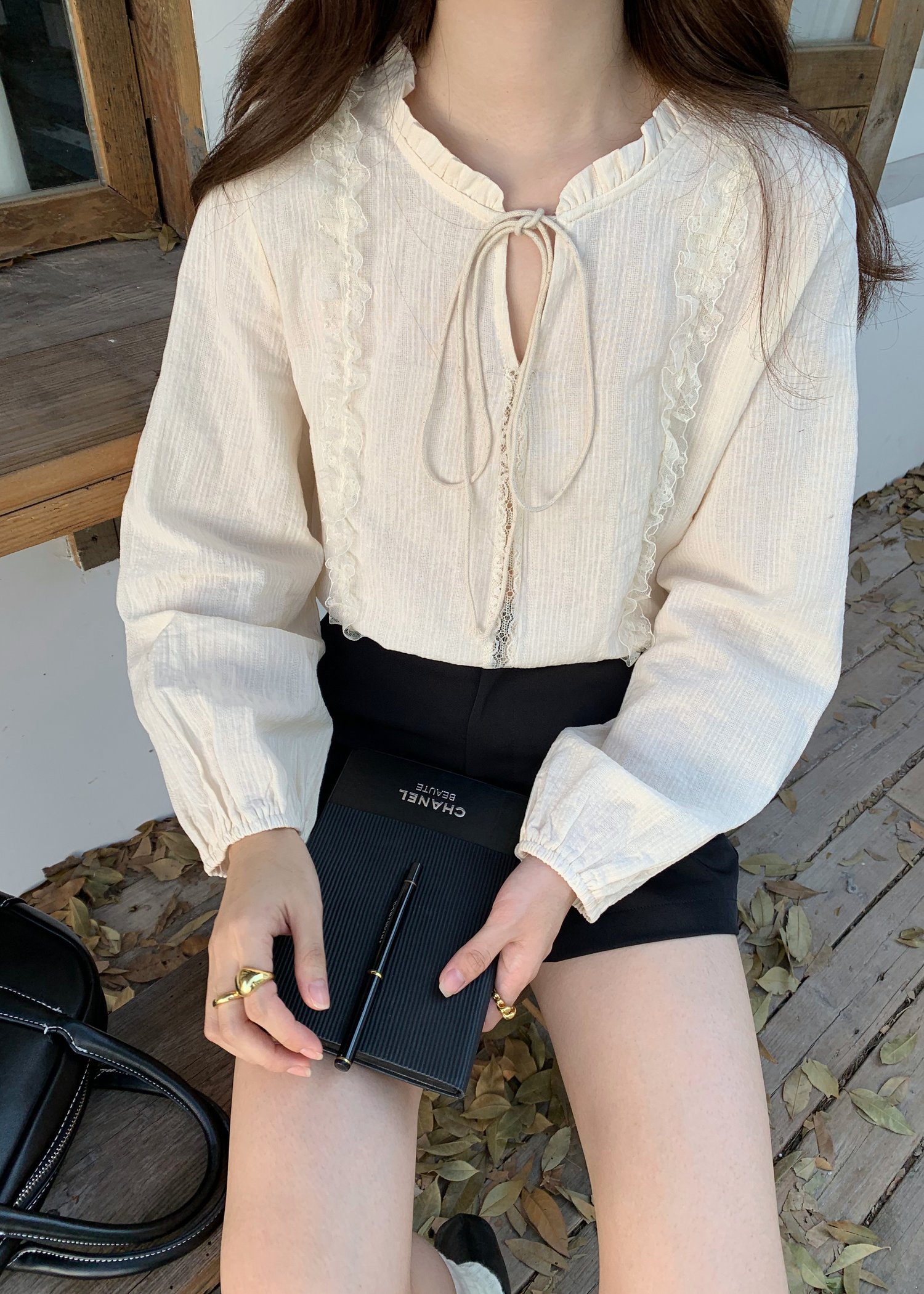 Nessa Lacey Ribbon Blouse in Cream