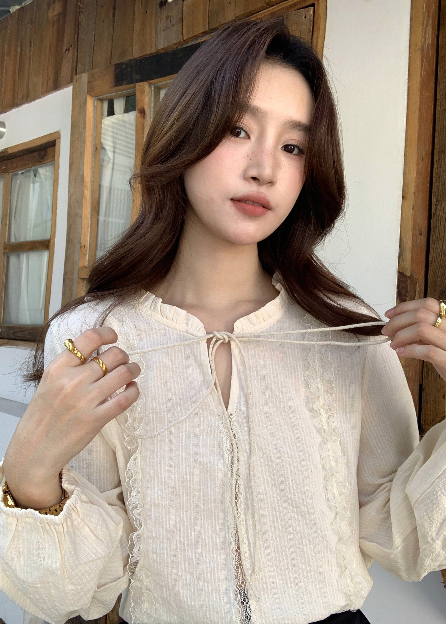 Nessa Lacey Ribbon Blouse in Cream