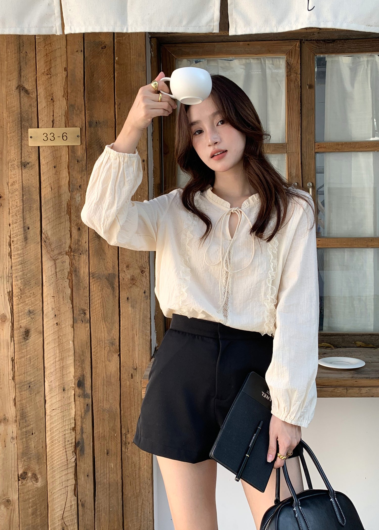 Nessa Lacey Ribbon Blouse in Cream