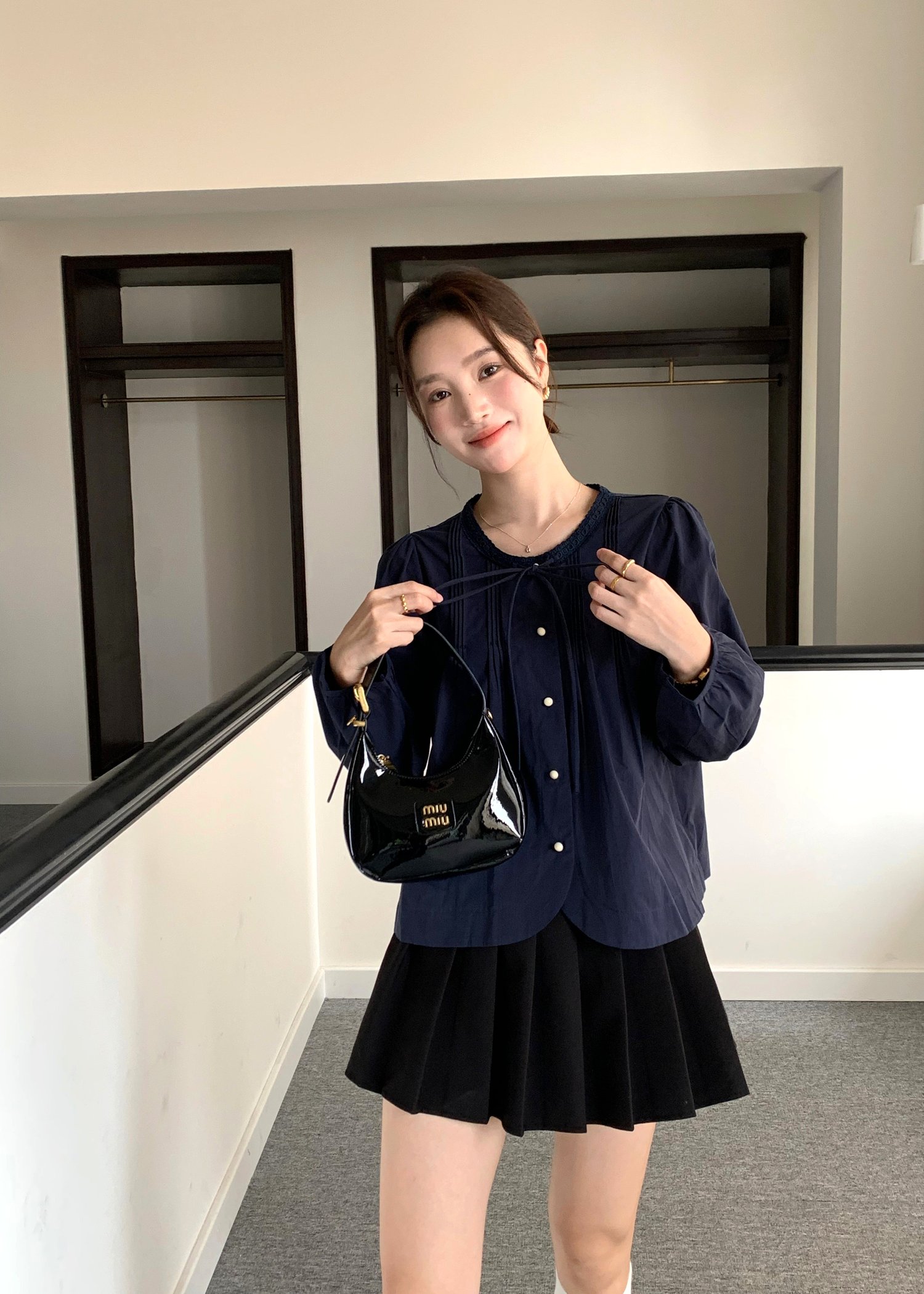 Mia Ribbon Blouse in Navy Blue