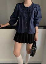 Mia Ribbon Blouse in Navy Blue