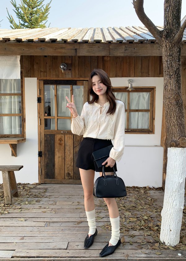 Nessa Lacey Ribbon Blouse in Cream