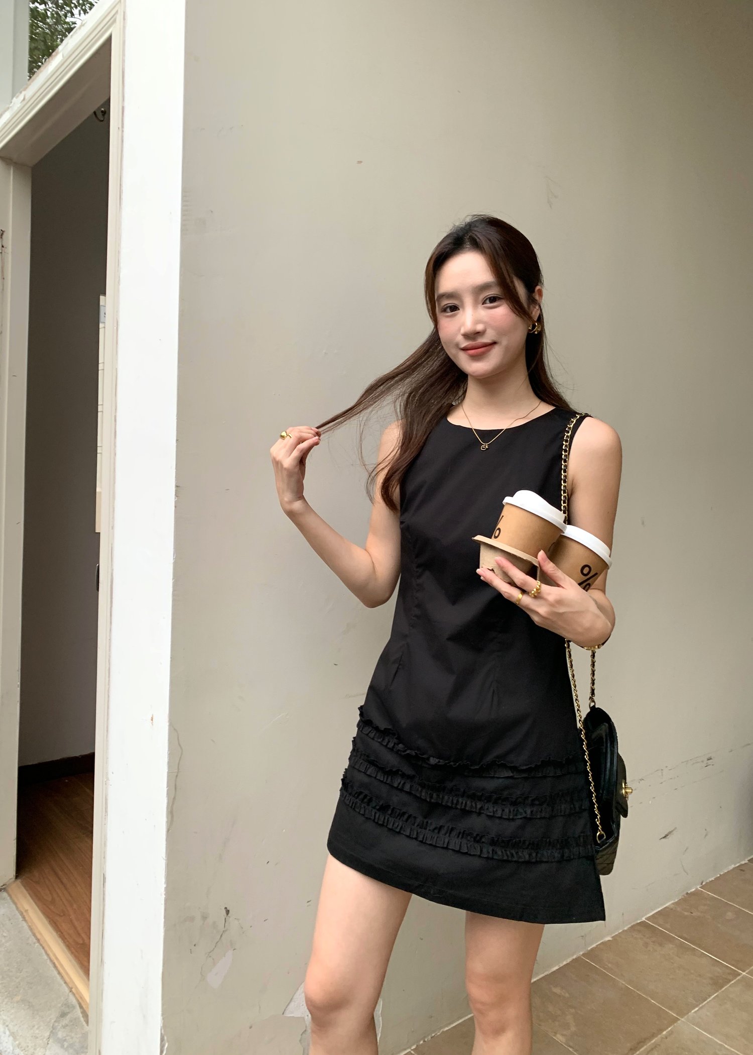 Anna Ruffles Mini Dress in Black