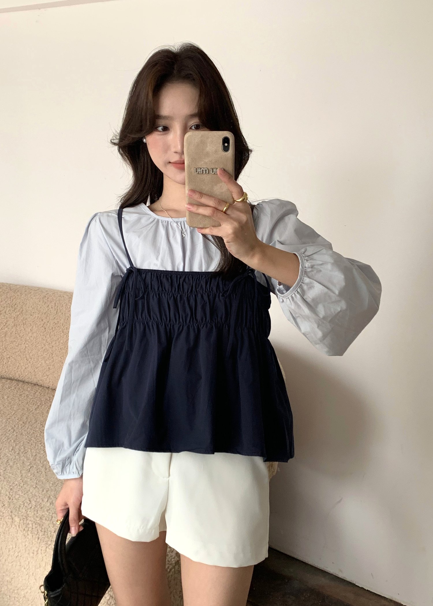 Lydia Layered Blouse Set in Navy Blue