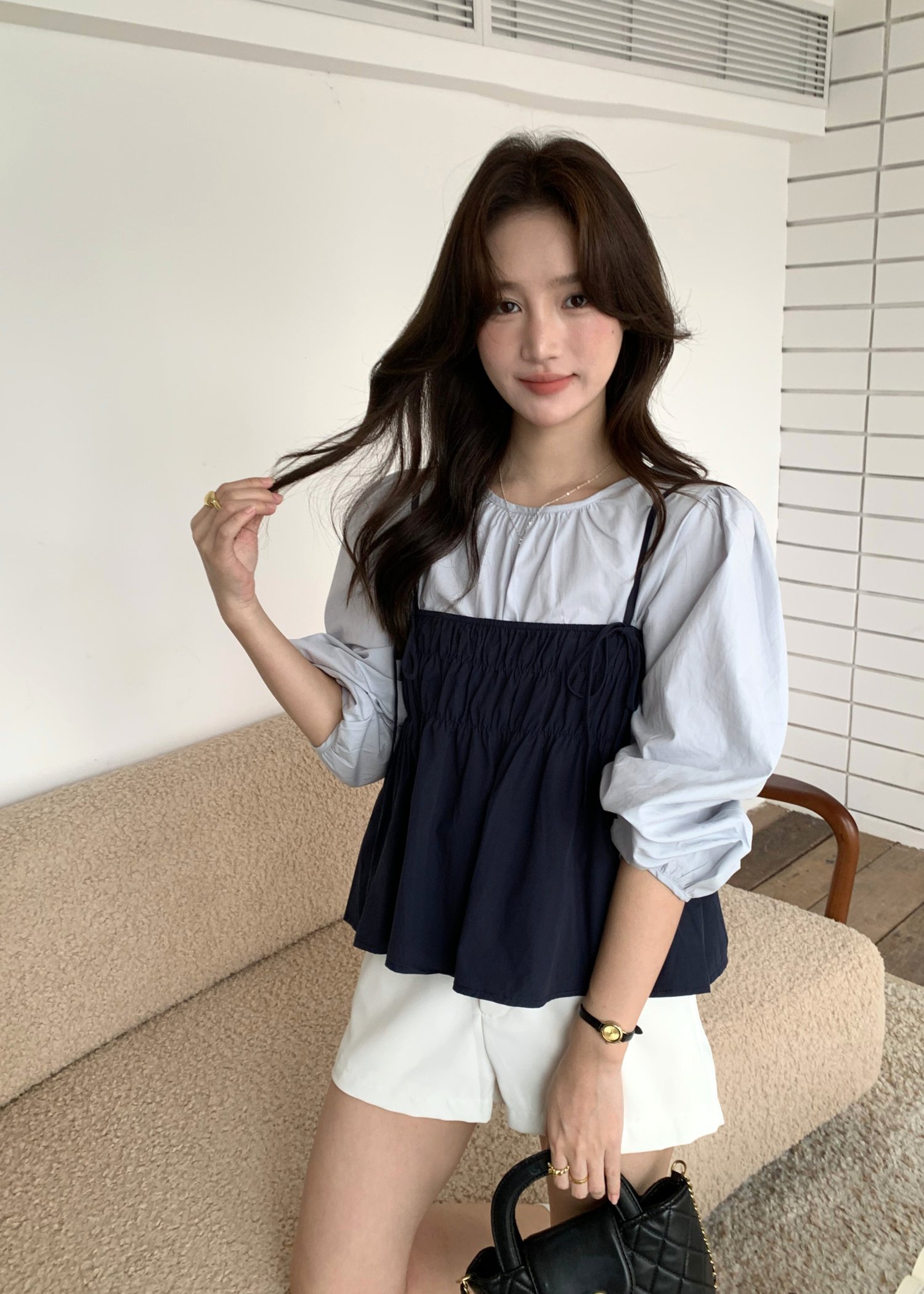 Lydia Layered Blouse Set in Navy Blue