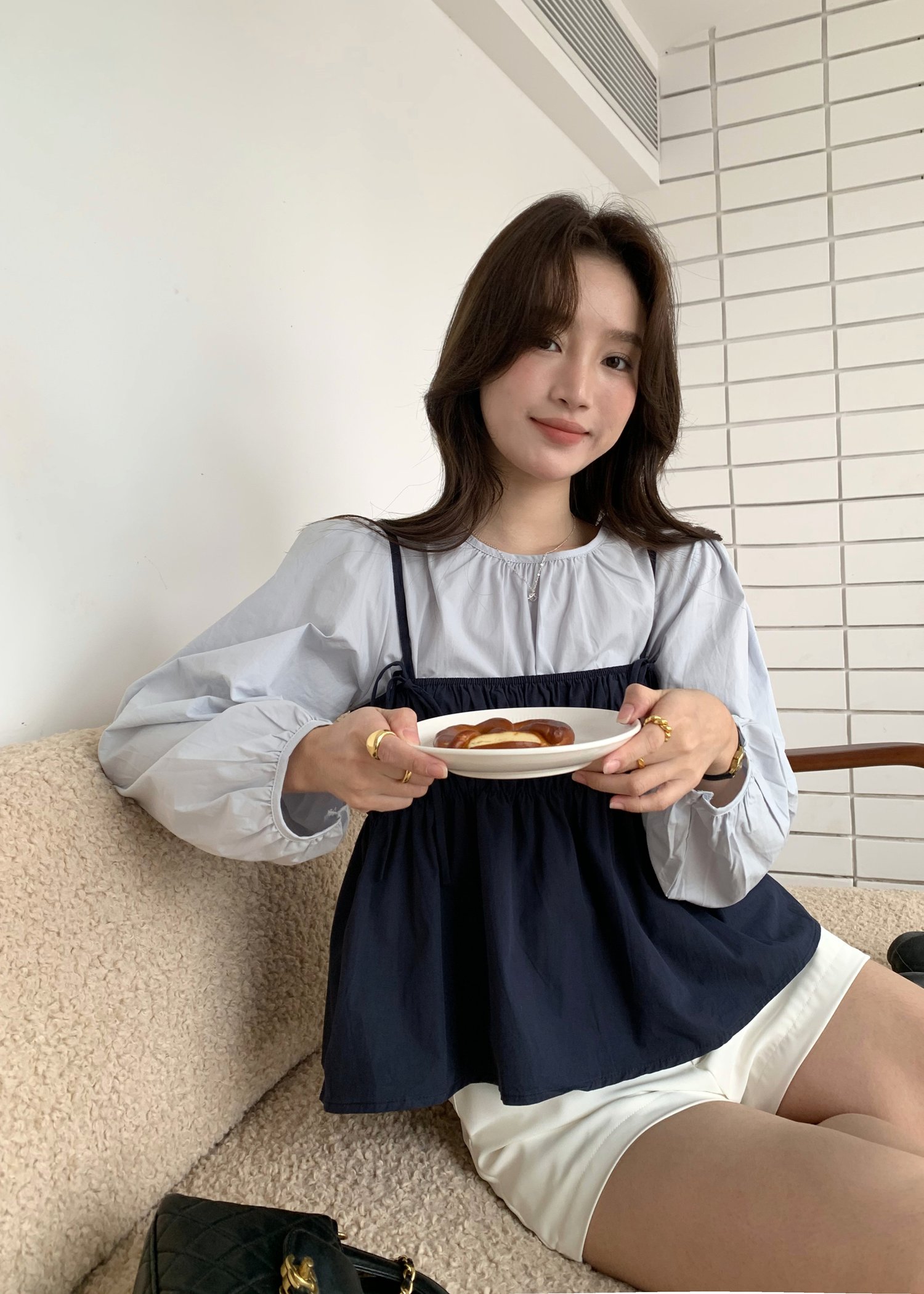 Lydia Layered Blouse Set in Navy Blue