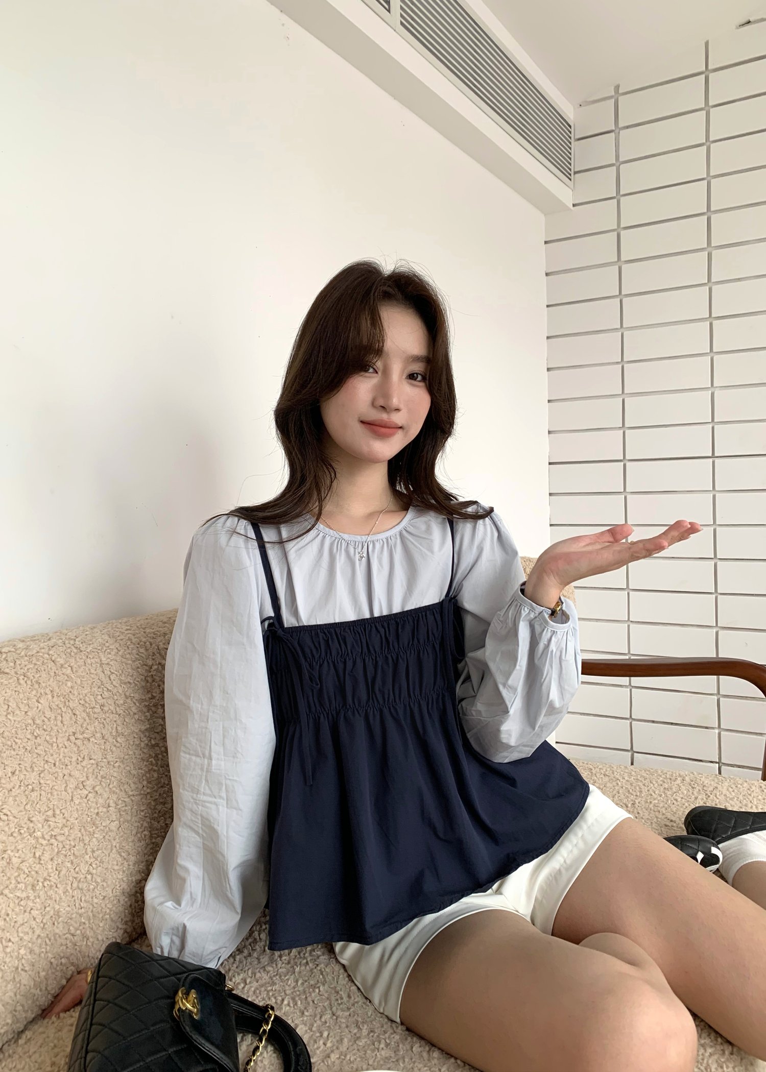 Lydia Layered Blouse Set in Navy Blue