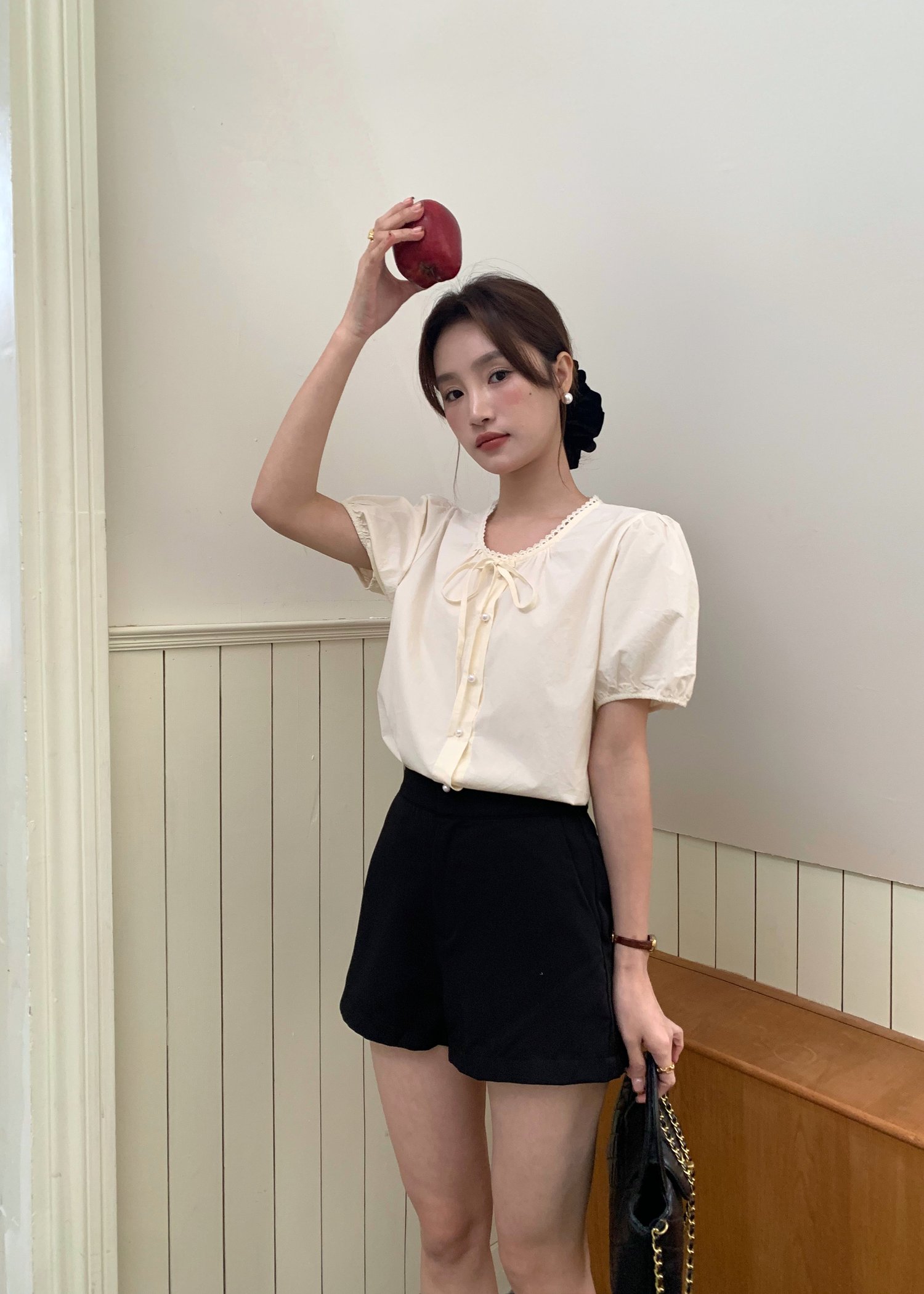 Carine Lacey Pearl Buttoned Blouse in Butter