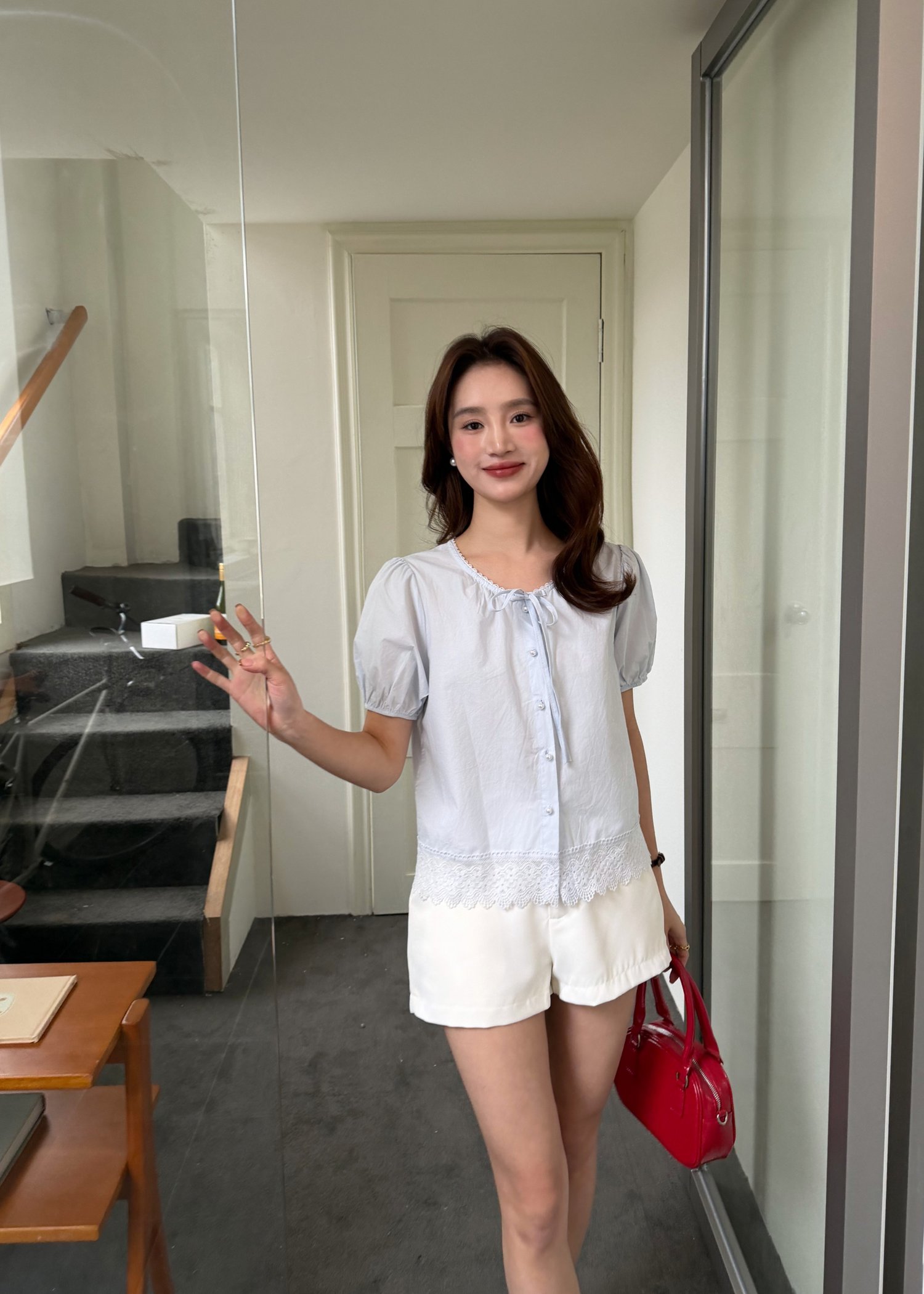 Carine Lacey Pearl Buttoned Blouse in Blue