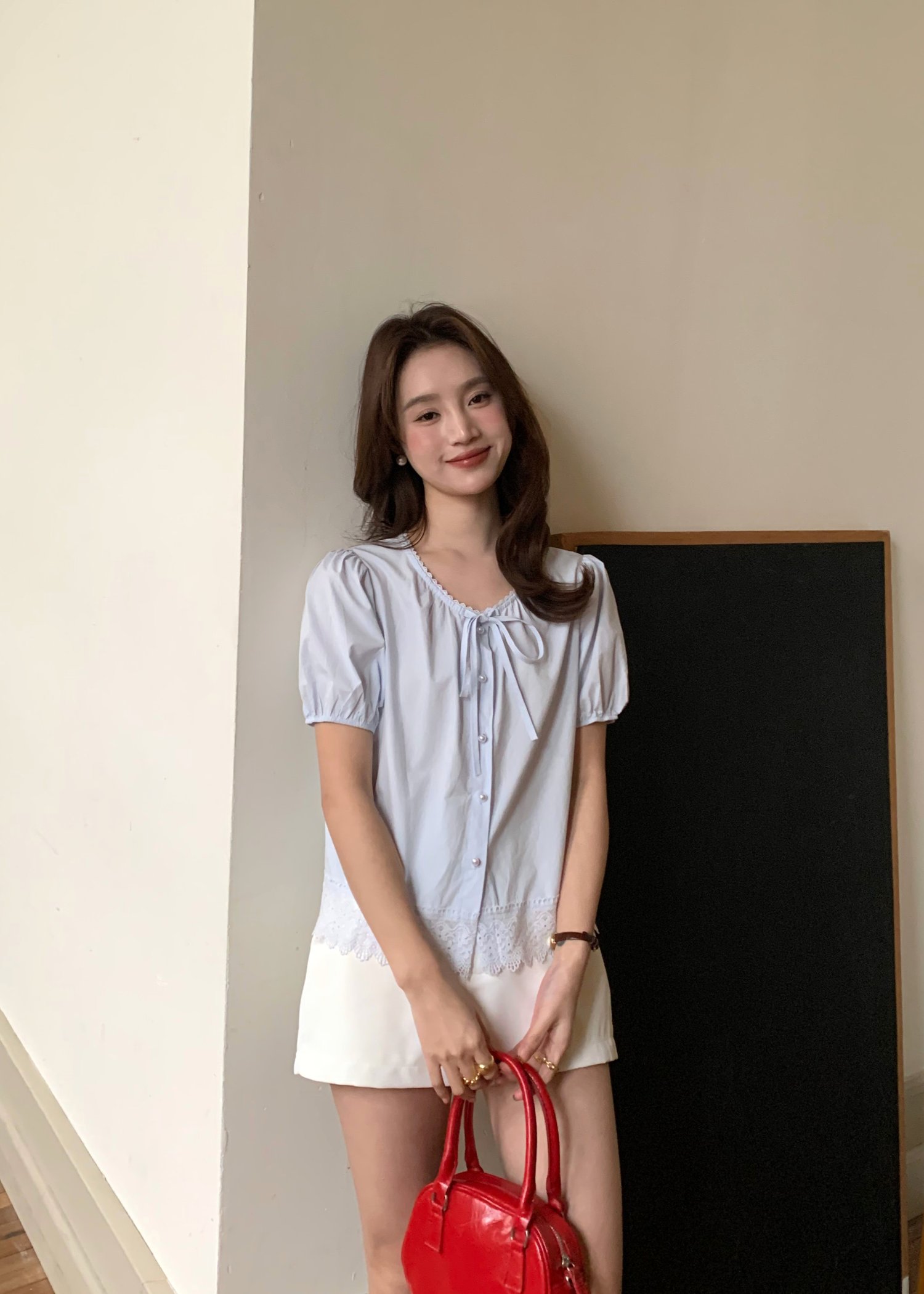 Carine Lacey Pearl Buttoned Blouse in Blue