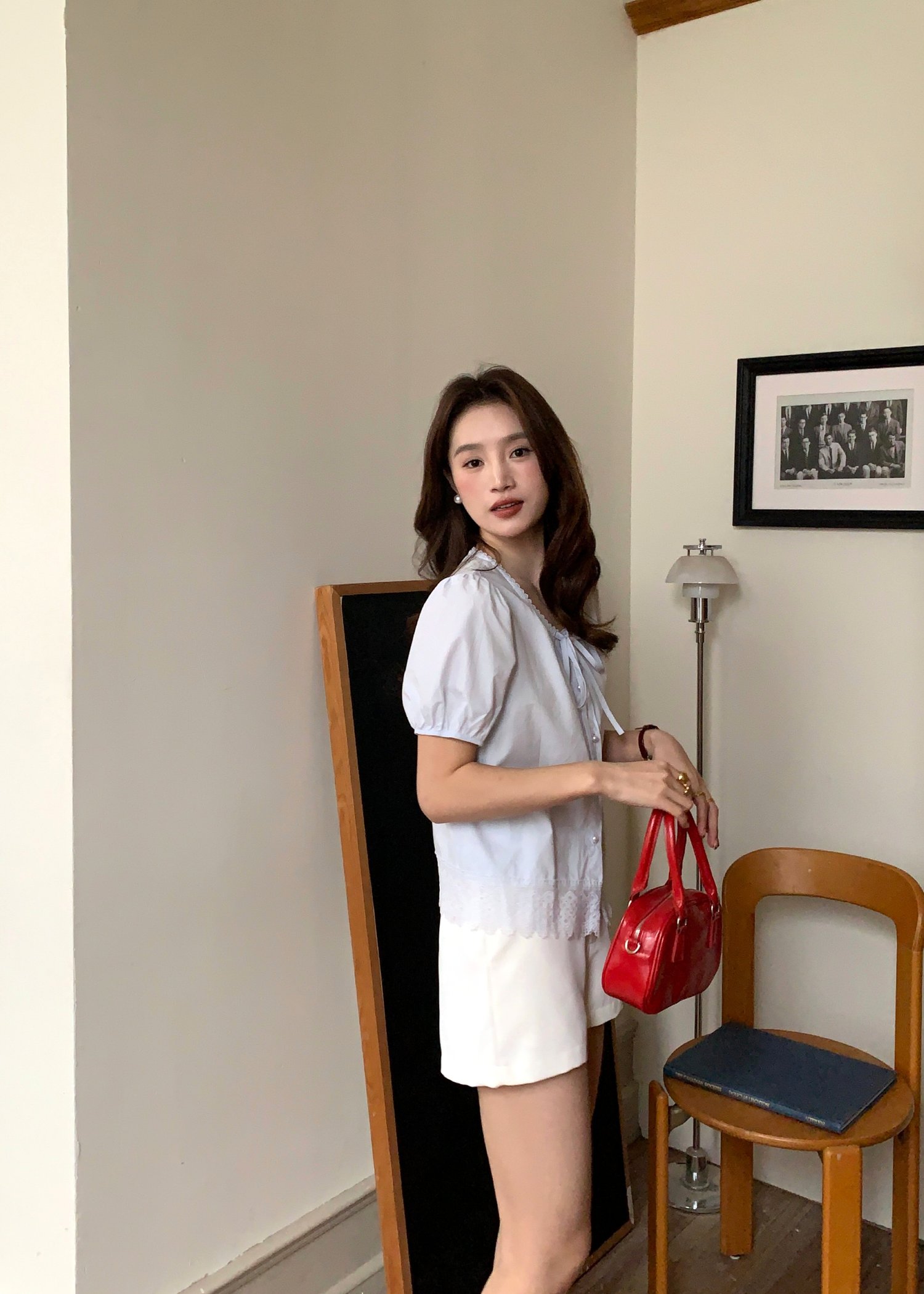 Carine Lacey Pearl Buttoned Blouse in Blue