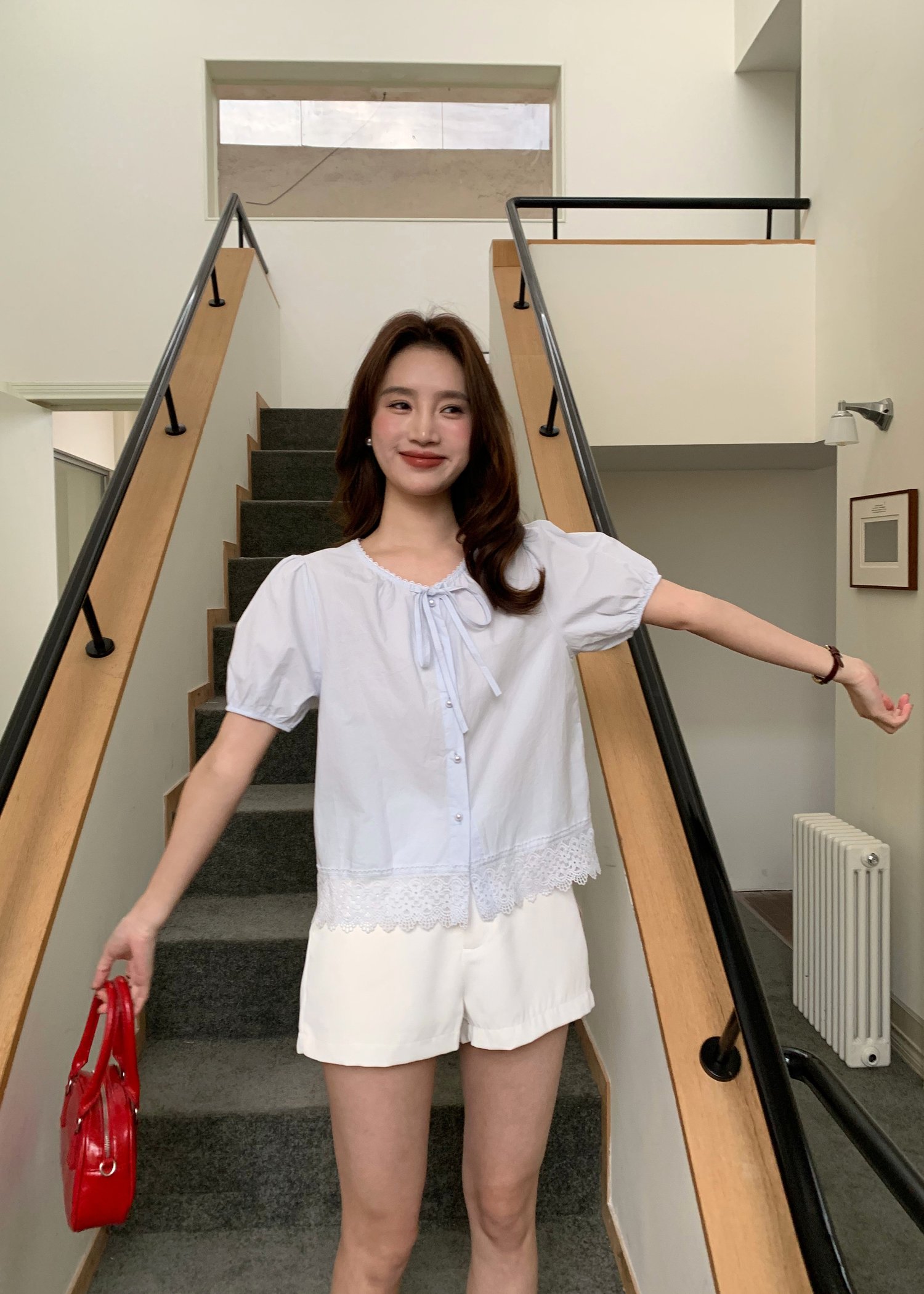 Carine Lacey Pearl Buttoned Blouse in Blue