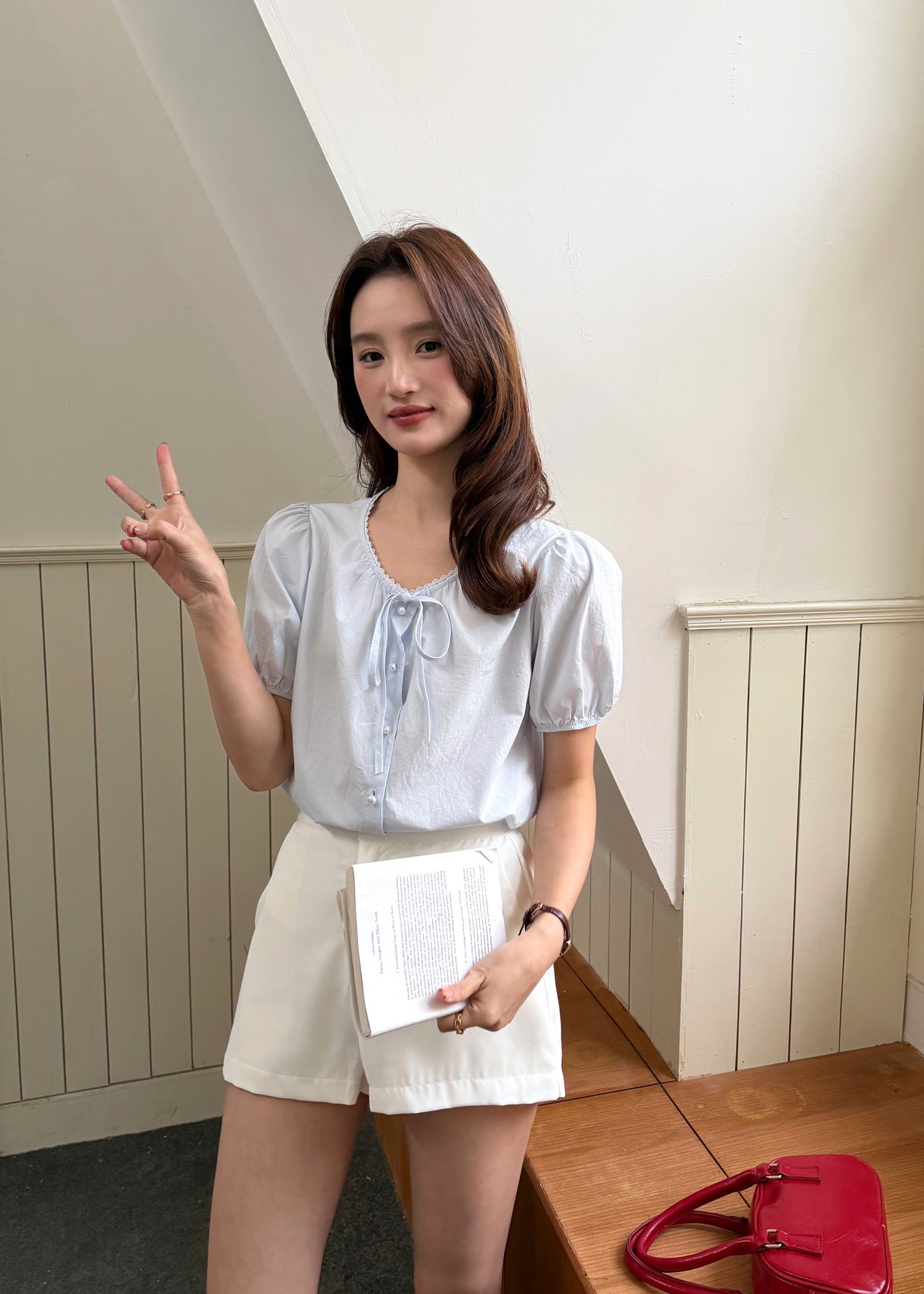 Carine Lacey Pearl Buttoned Blouse in Blue