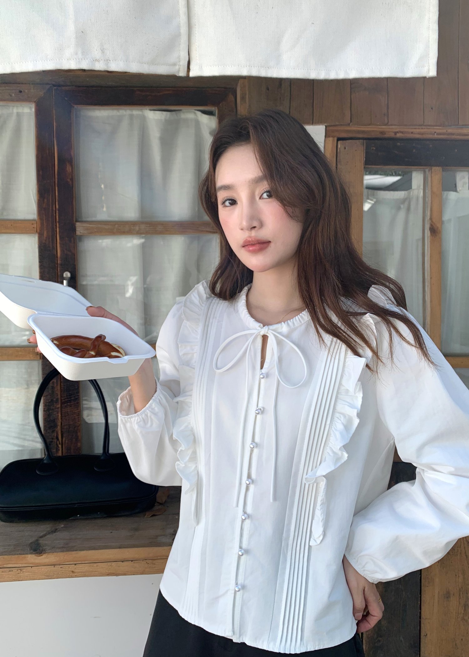 Amelia Ribbon Pleated Blouse in White