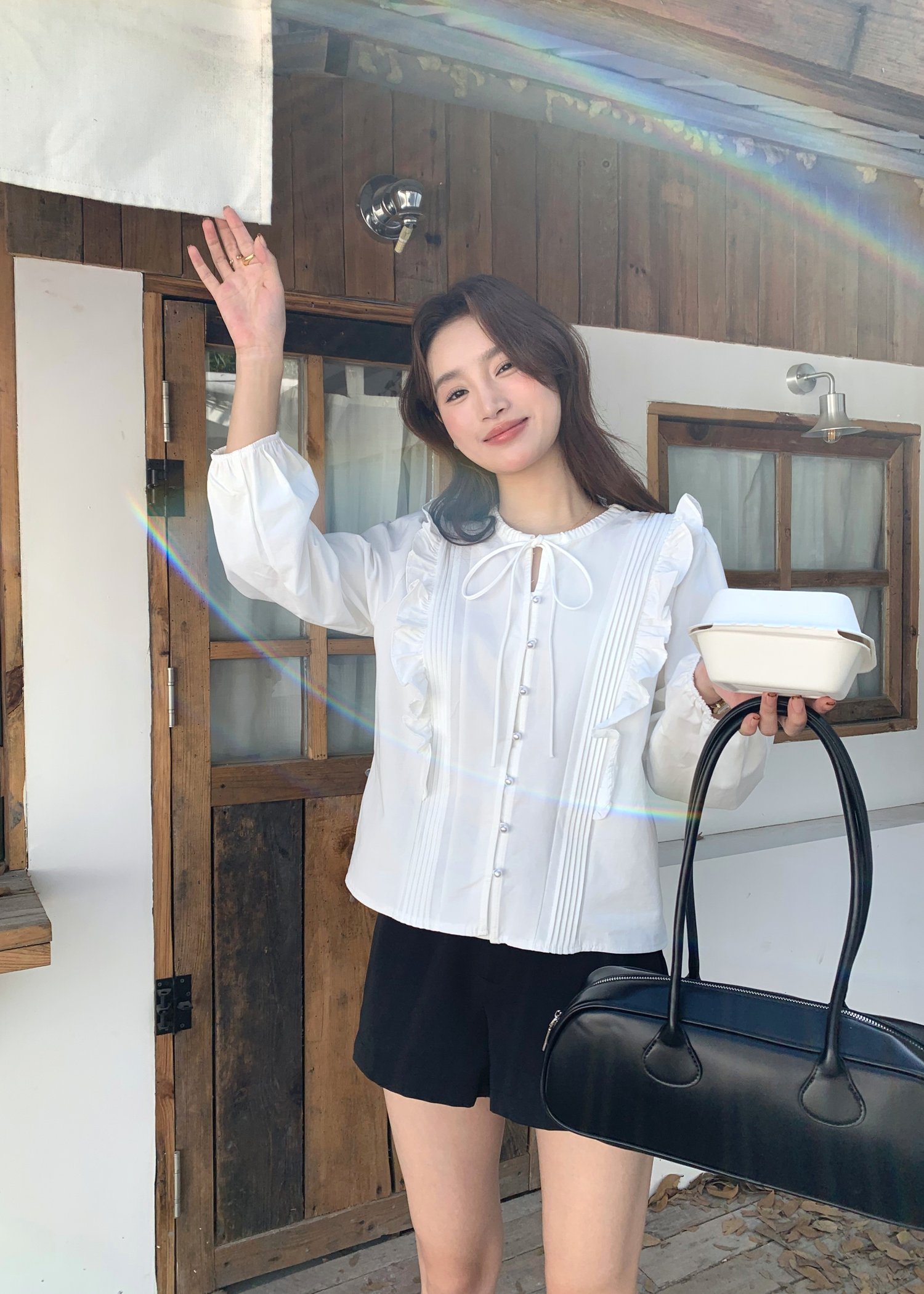 Amelia Ribbon Pleated Blouse in White