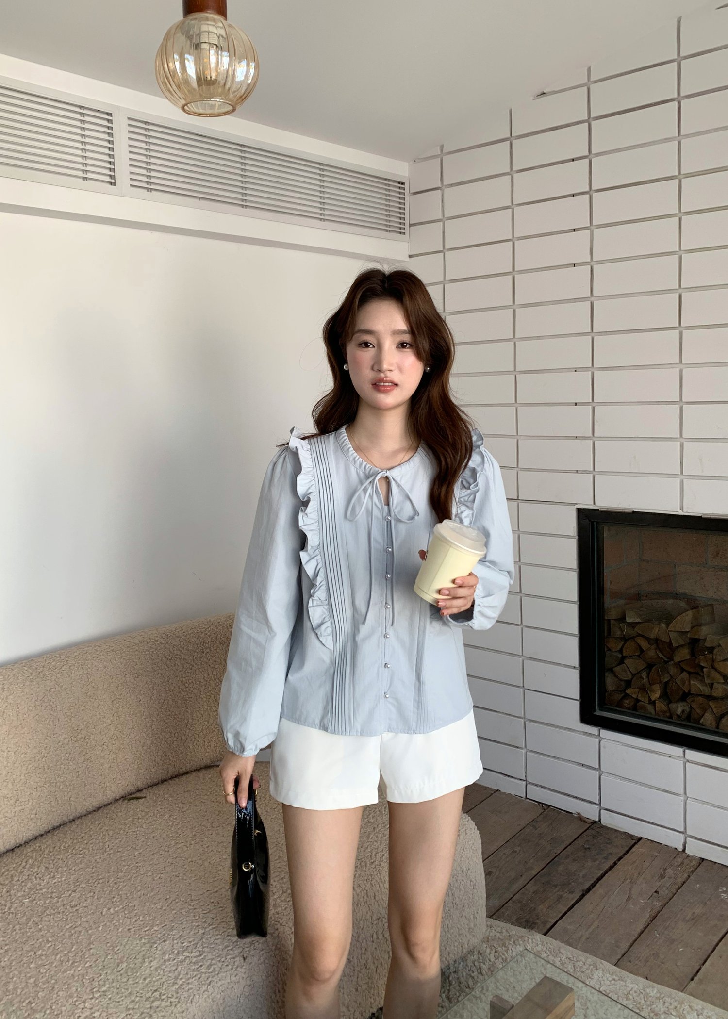 Amelia Ribbon Pleated Blouse in Blush Blue