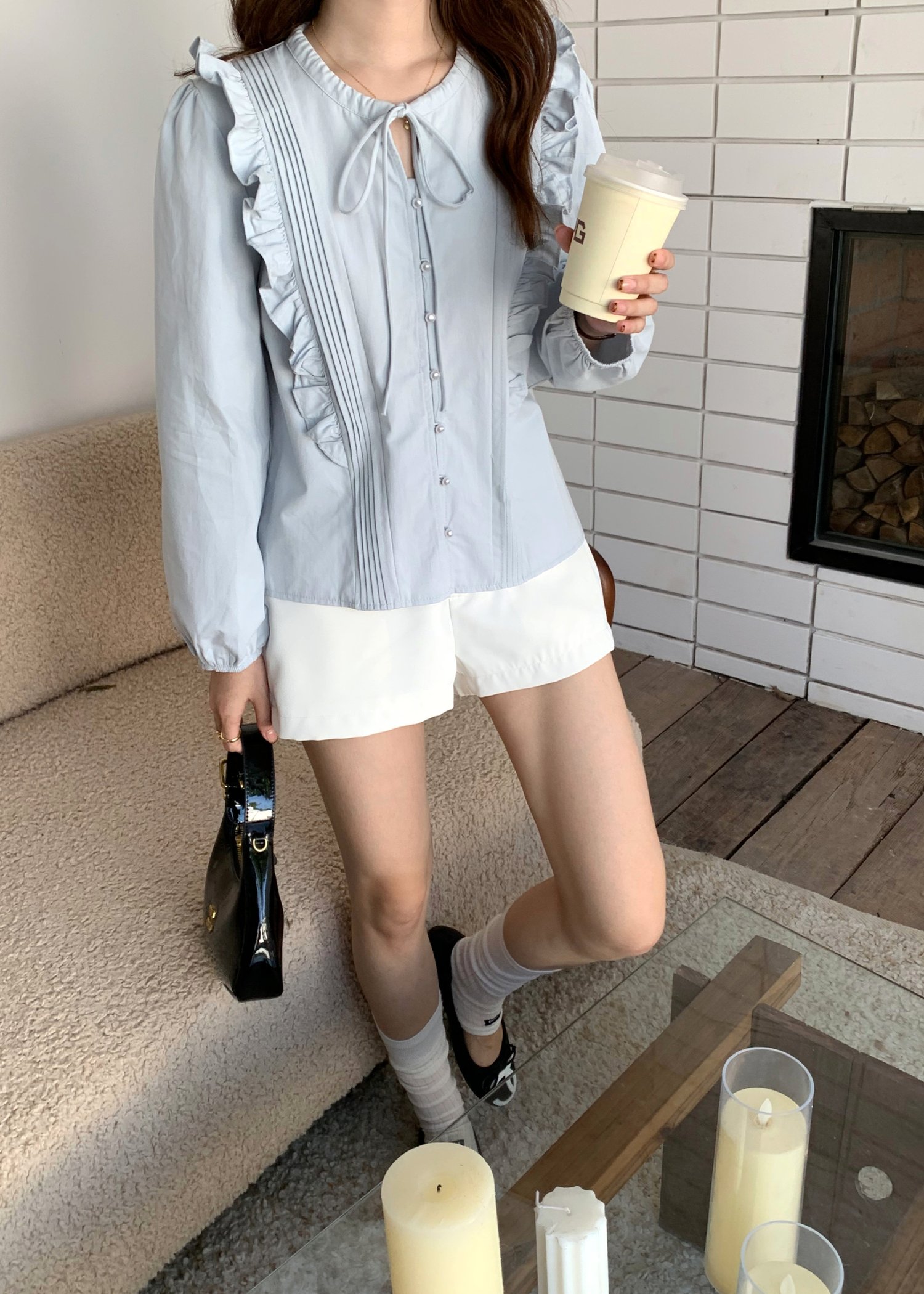 Amelia Ribbon Pleated Blouse in Blush Blue