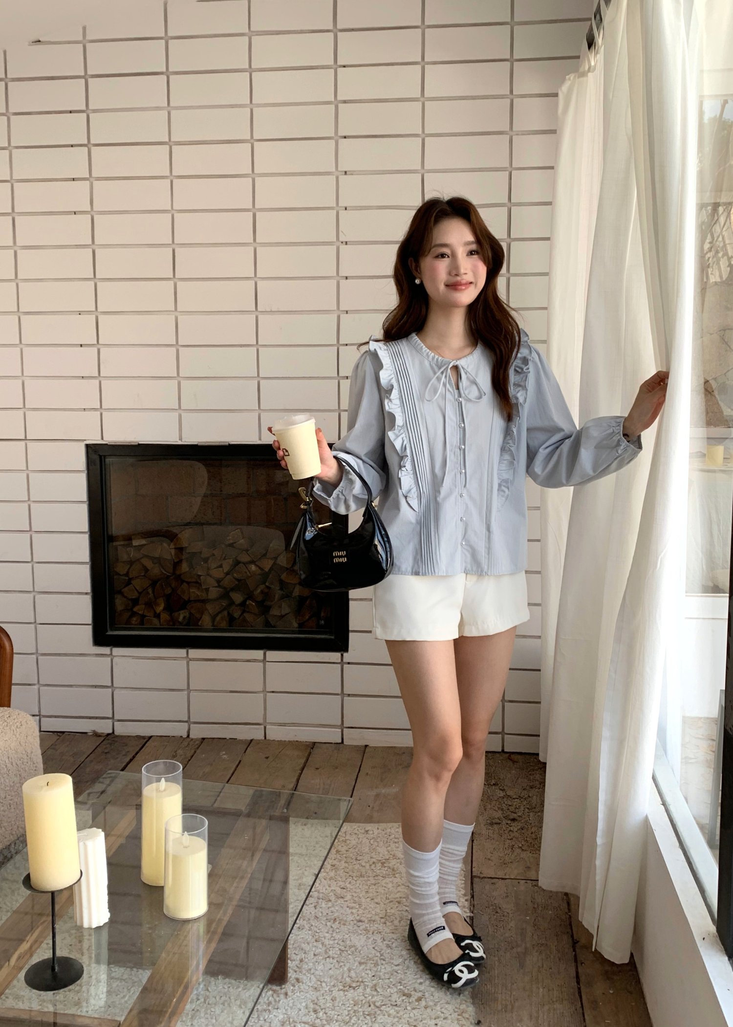 Amelia Ribbon Pleated Blouse in Blush Blue