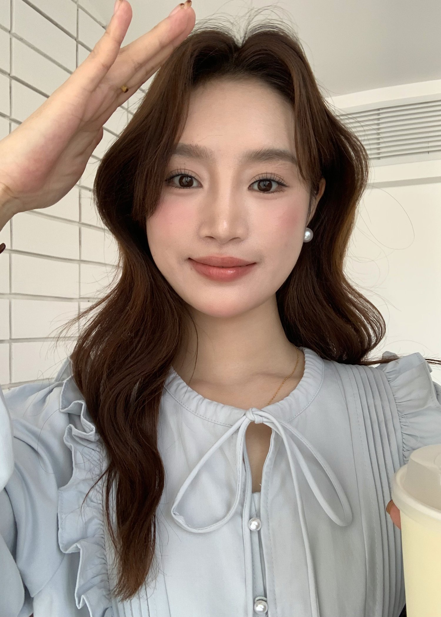 Amelia Ribbon Pleated Blouse in Blush Blue