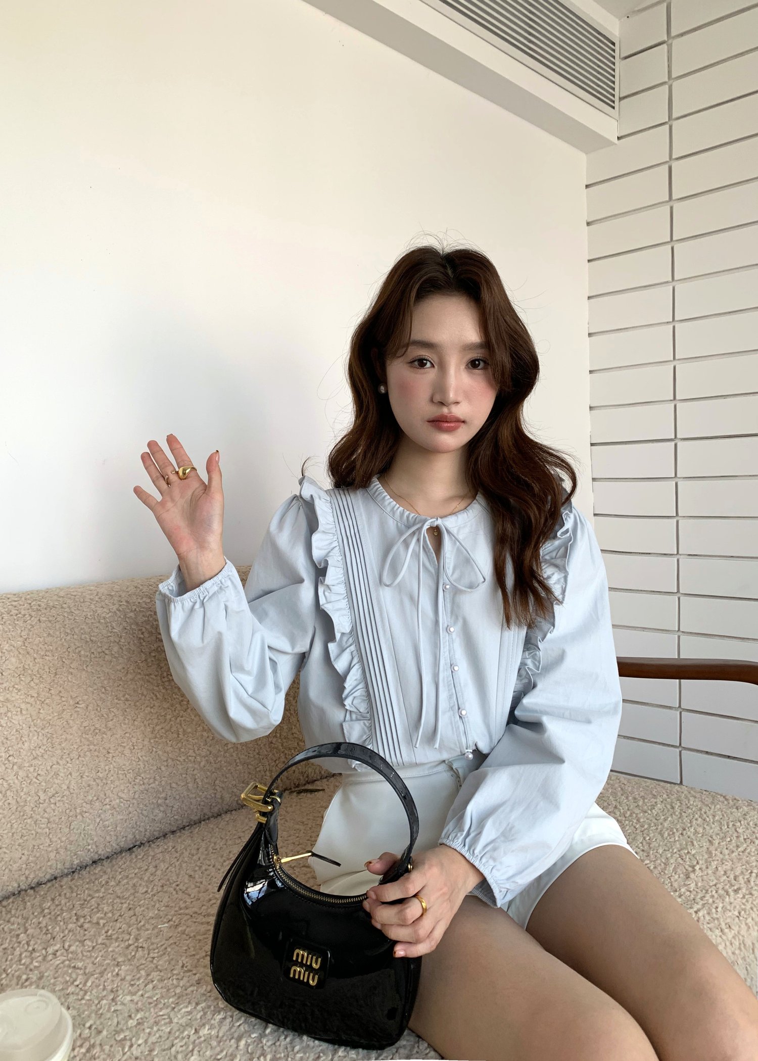 Amelia Ribbon Pleated Blouse in Blush Blue