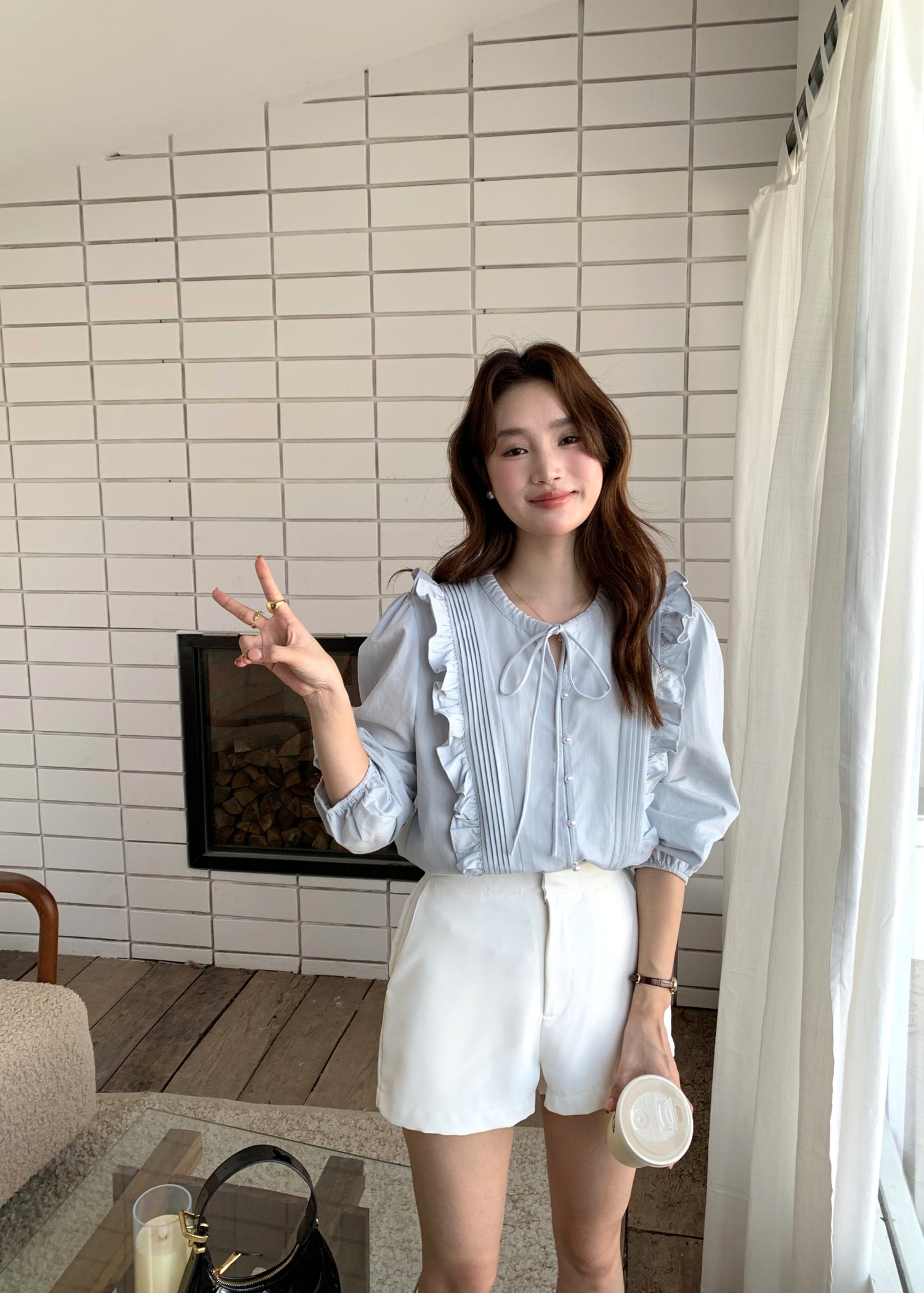 Amelia Ribbon Pleated Blouse in Blush Blue