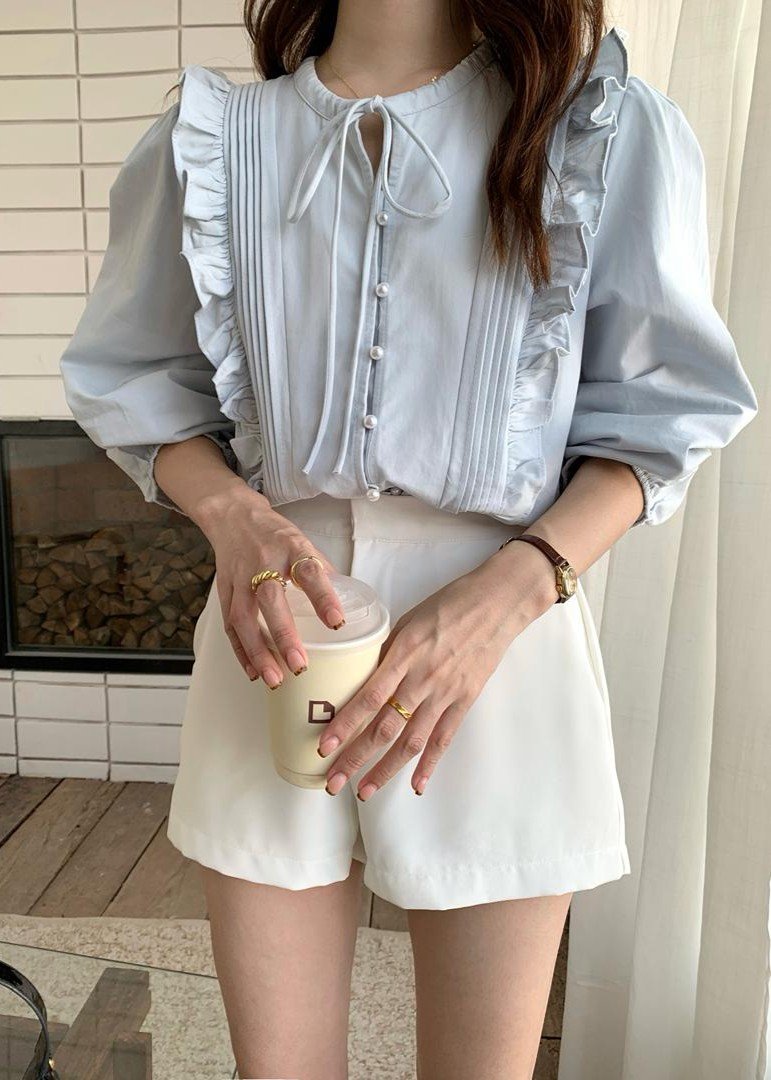 Amelia Ribbon Pleated Blouse in Blush Blue