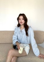 Amelia Ribbon Pleated Blouse in Blush Blue