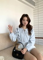 Amelia Ribbon Pleated Blouse in Blush Blue