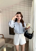 Amelia Ribbon Pleated Blouse in Blush Blue