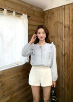 Amelia Ribbon Pleated Blouse in Blush Blue