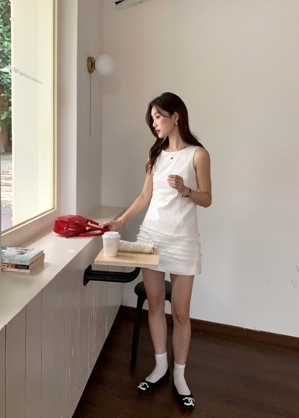 Anna Ruffles Mini Dress in Milk White