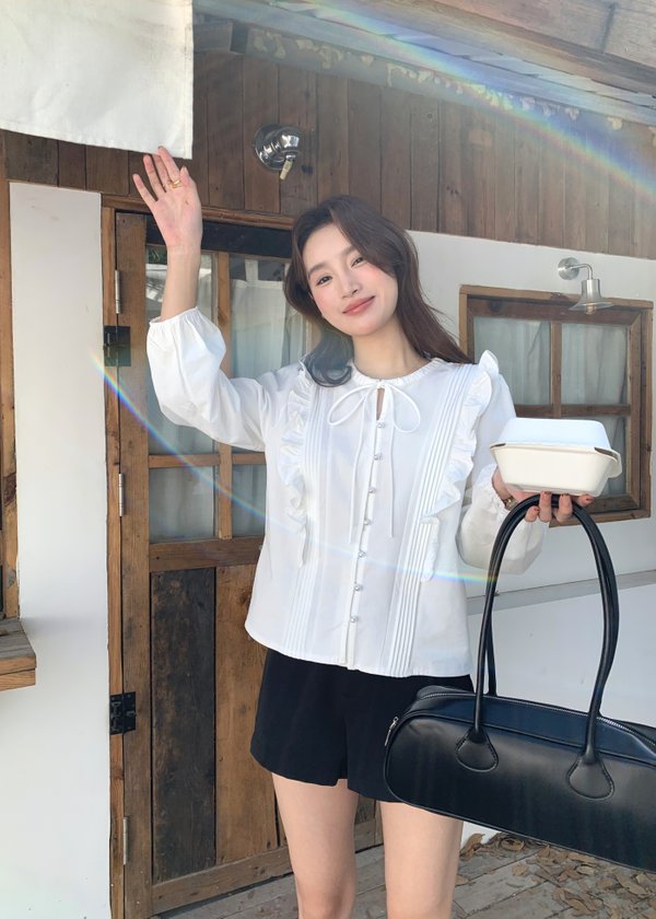 Amelia Ribbon Pleated Blouse in White